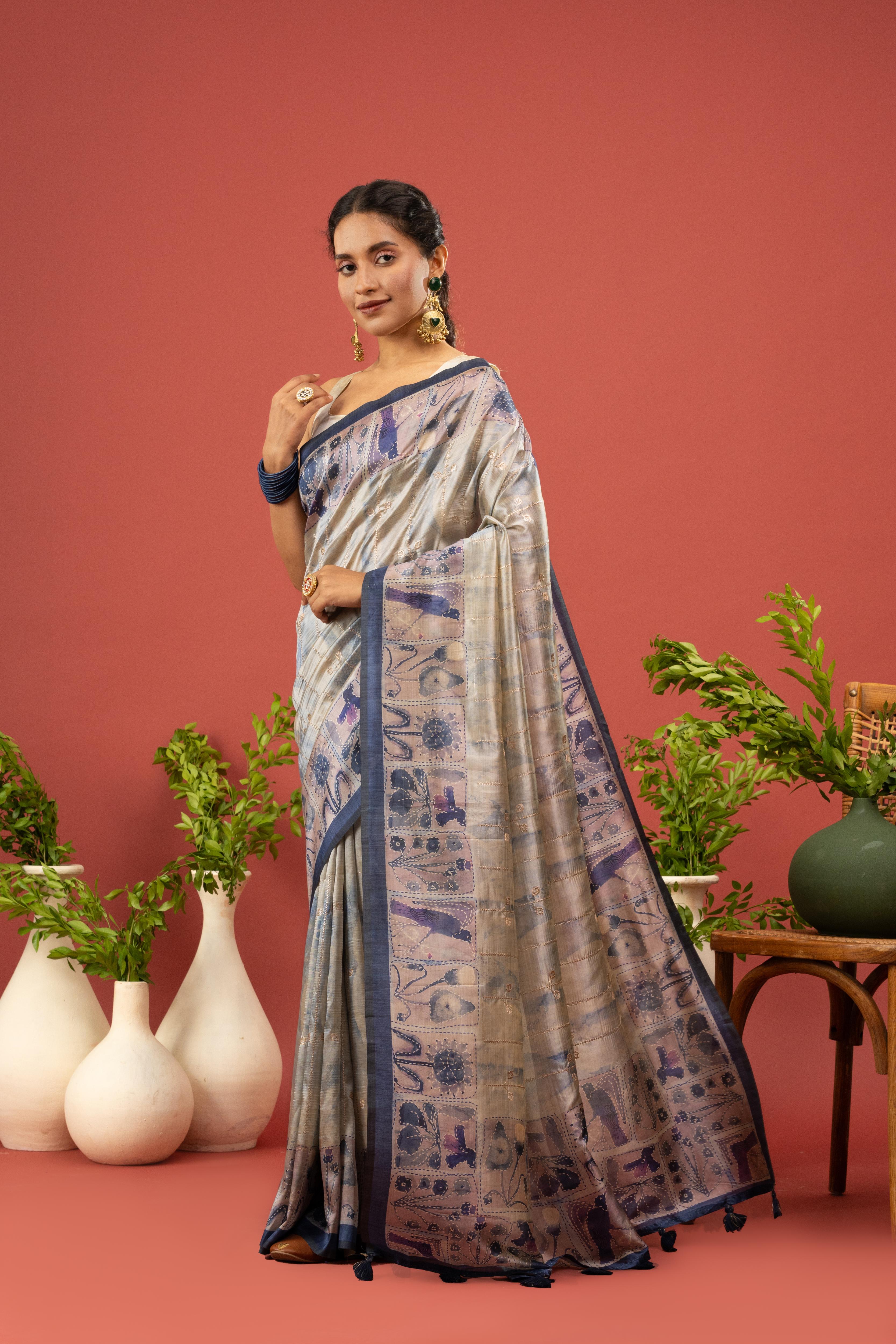 Dual-Tone Silk Saree with Purple Gala
