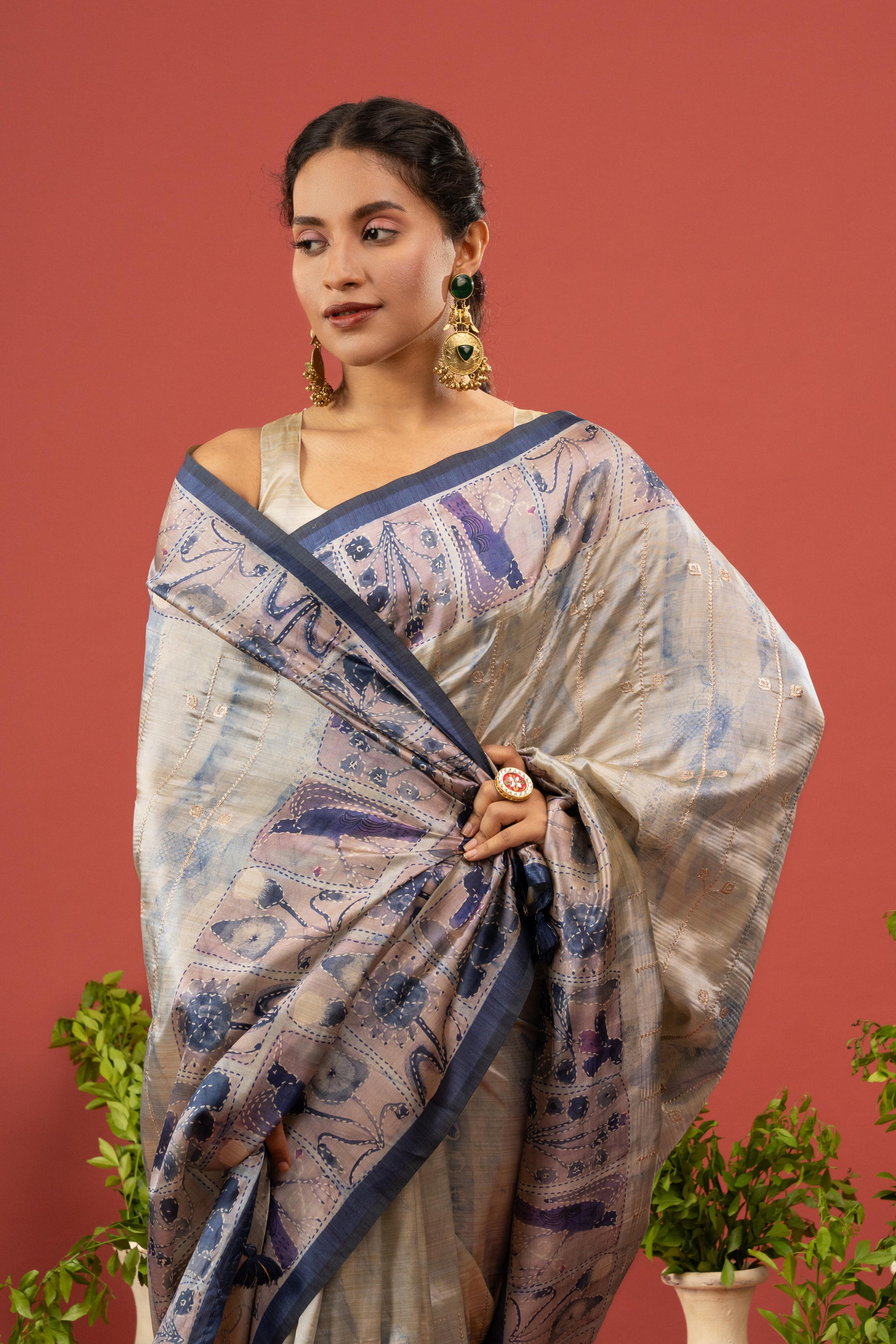 Dual-Tone Silk Saree with Purple Gala