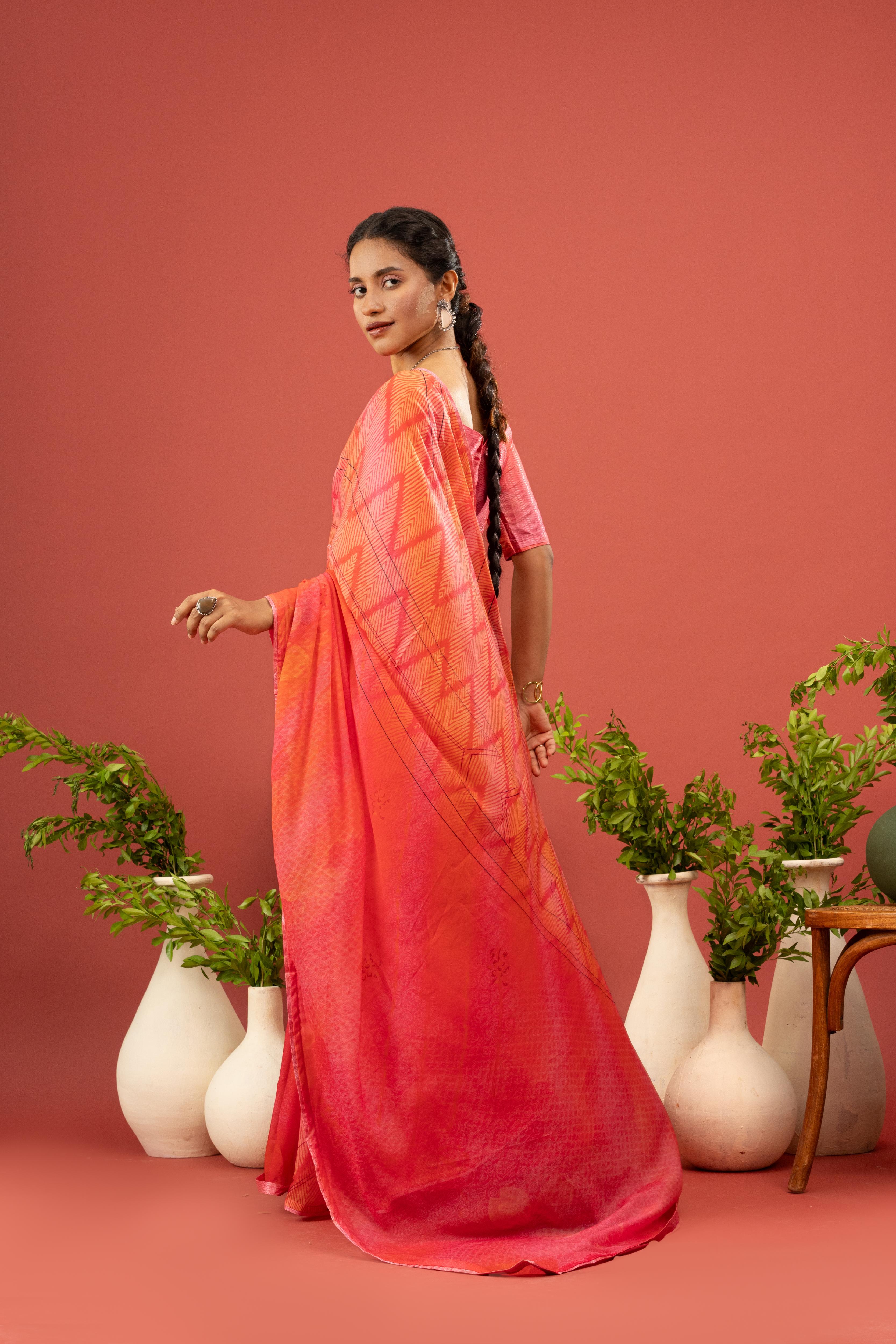 Orange Saree with Georgette Print