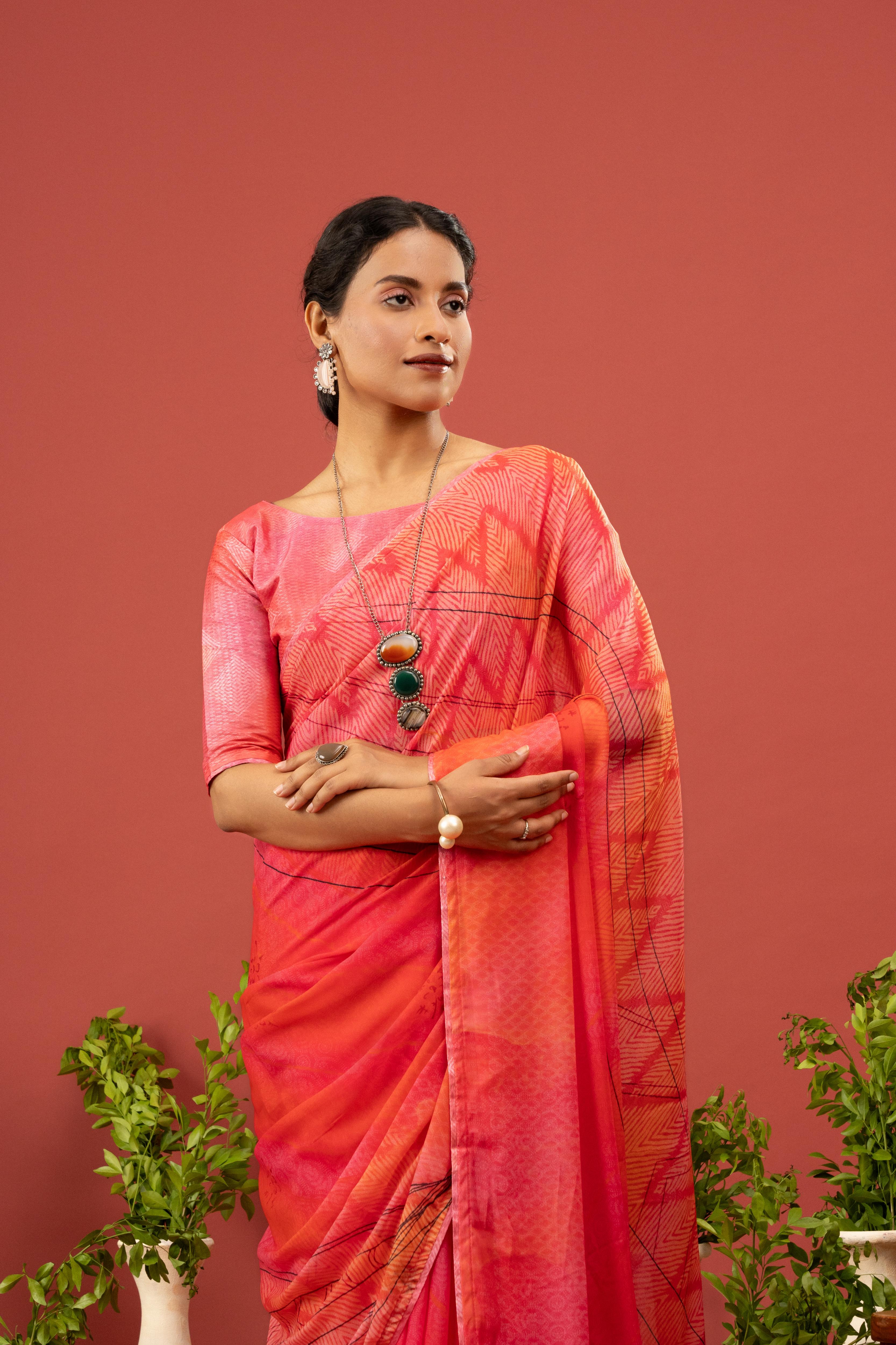 Orange Saree with Georgette Print