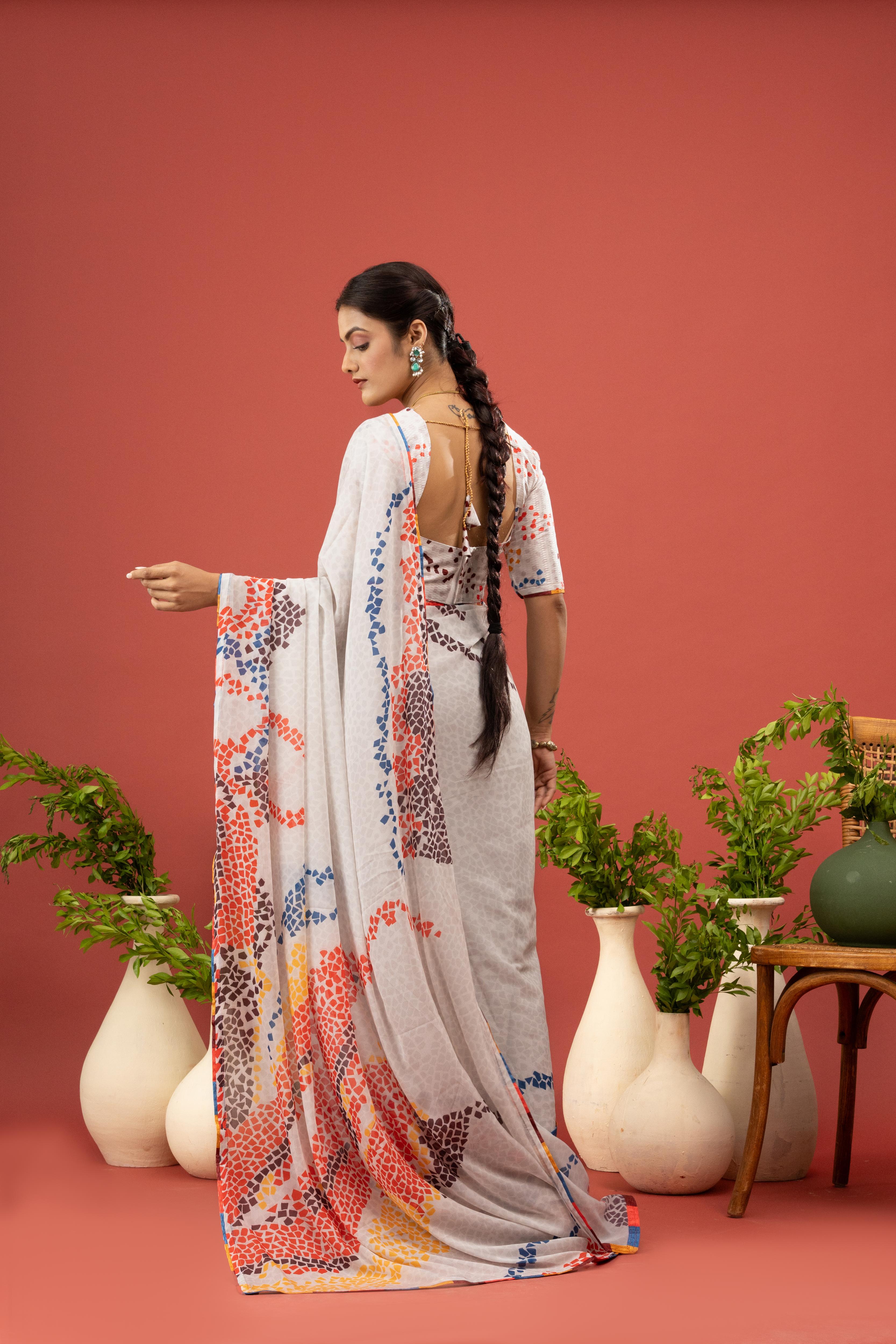 Pink Floral Saree with Printed Georgette