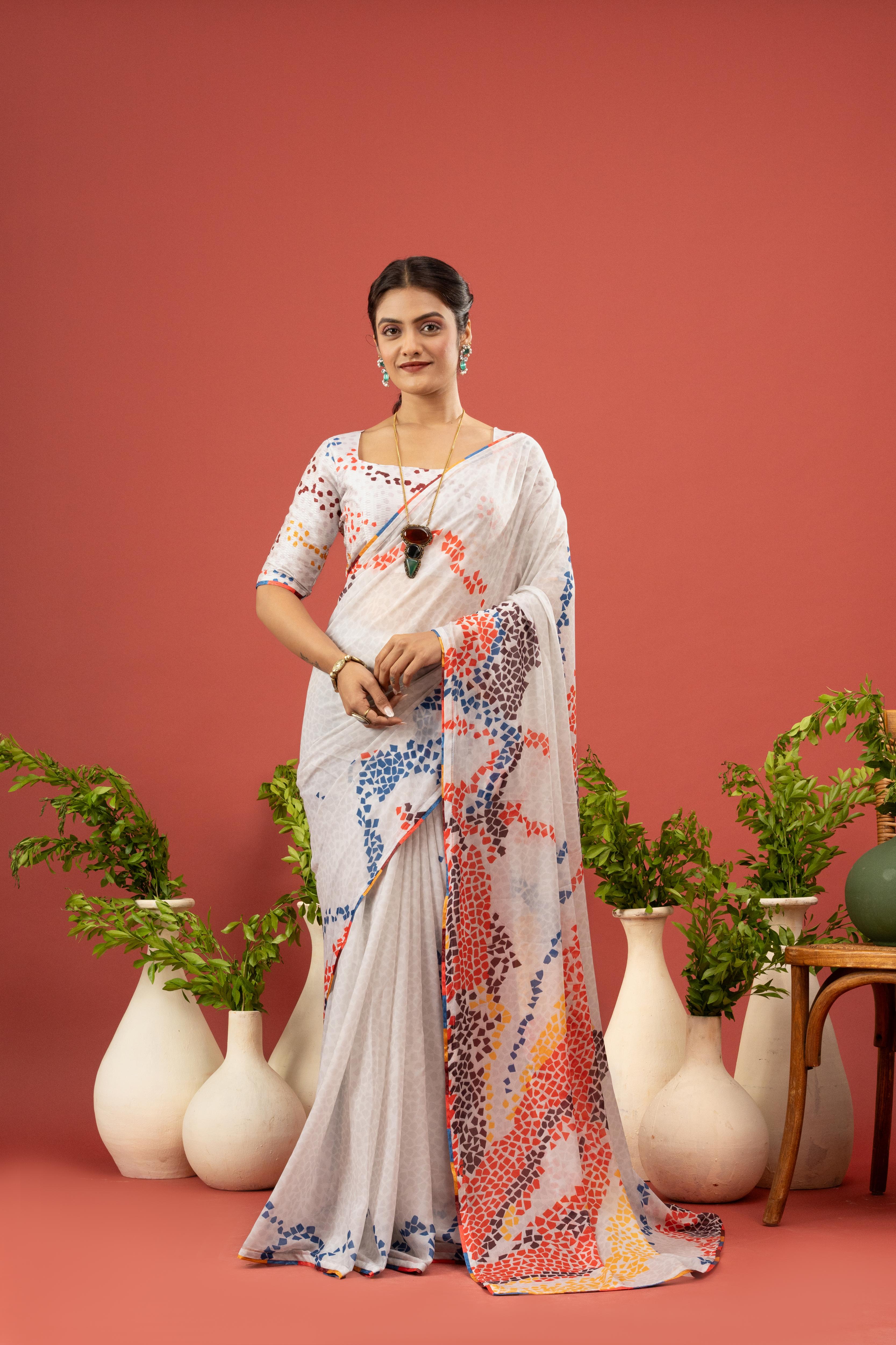 Pink Floral Saree with Printed Georgette