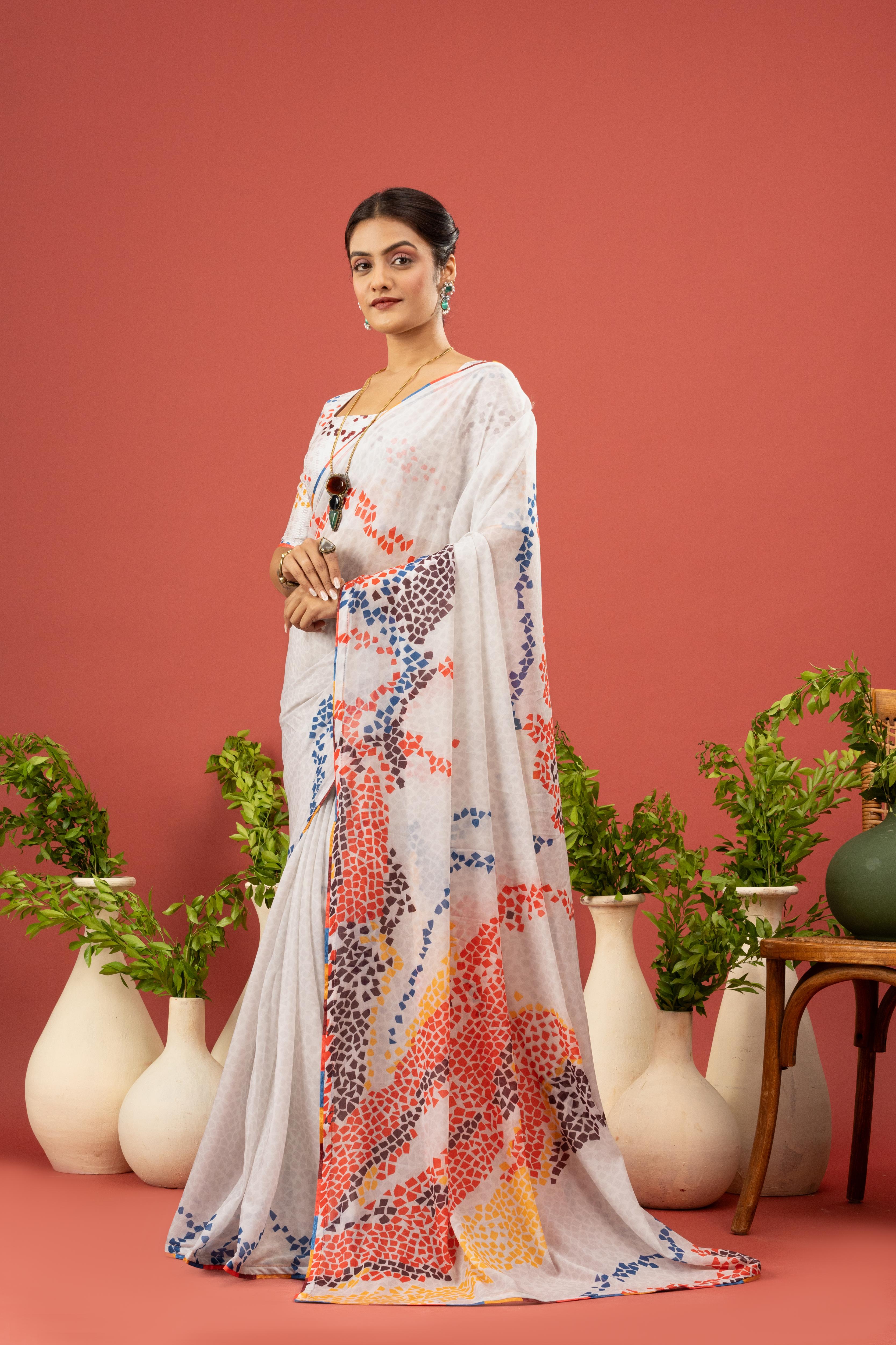 Pink Floral Saree with Printed Georgette