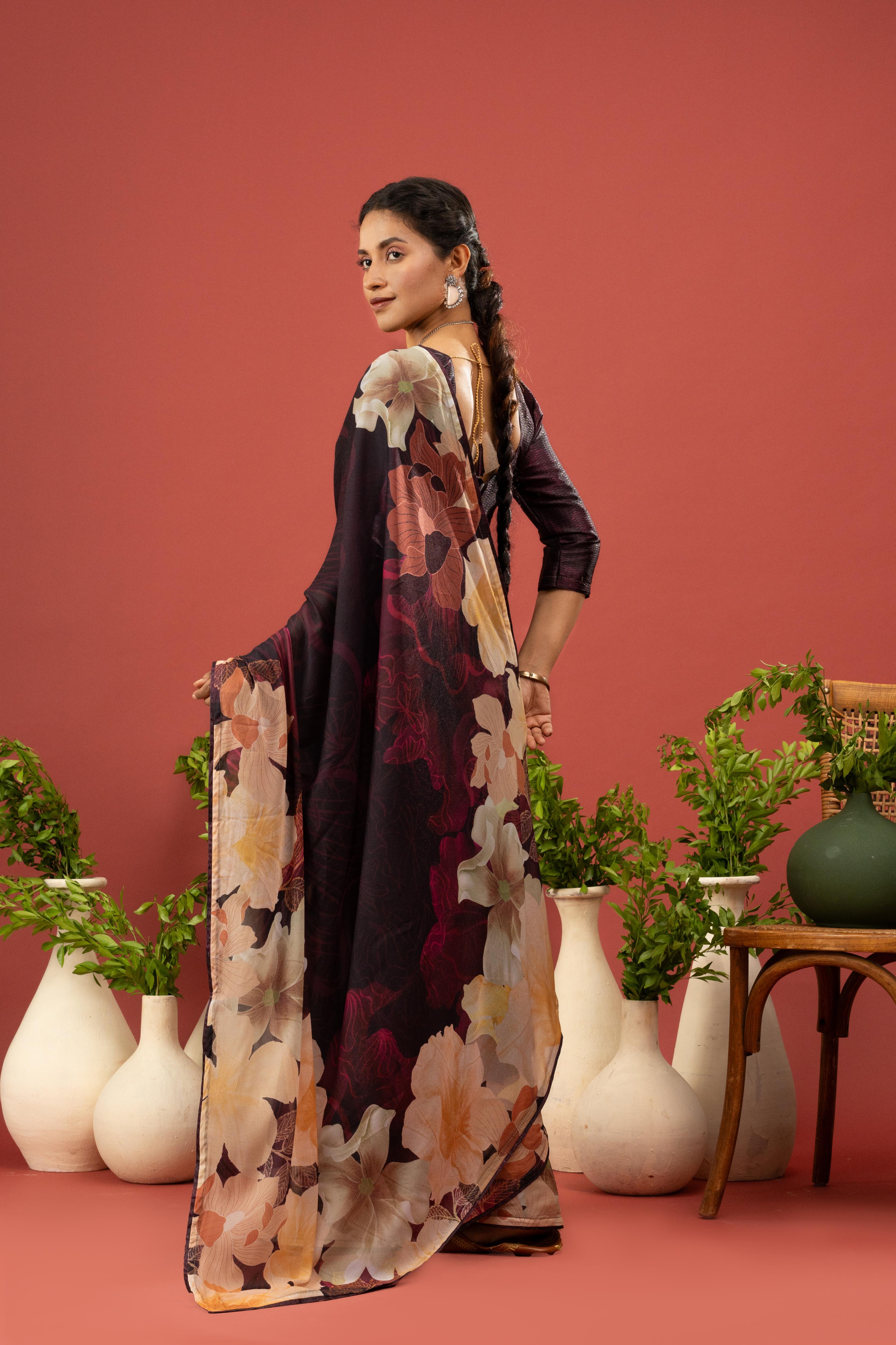 Wine Georgette Saree with Digital Print