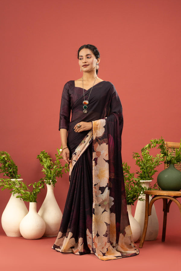 Wine Georgette Saree with Digital Print sedoracouture
