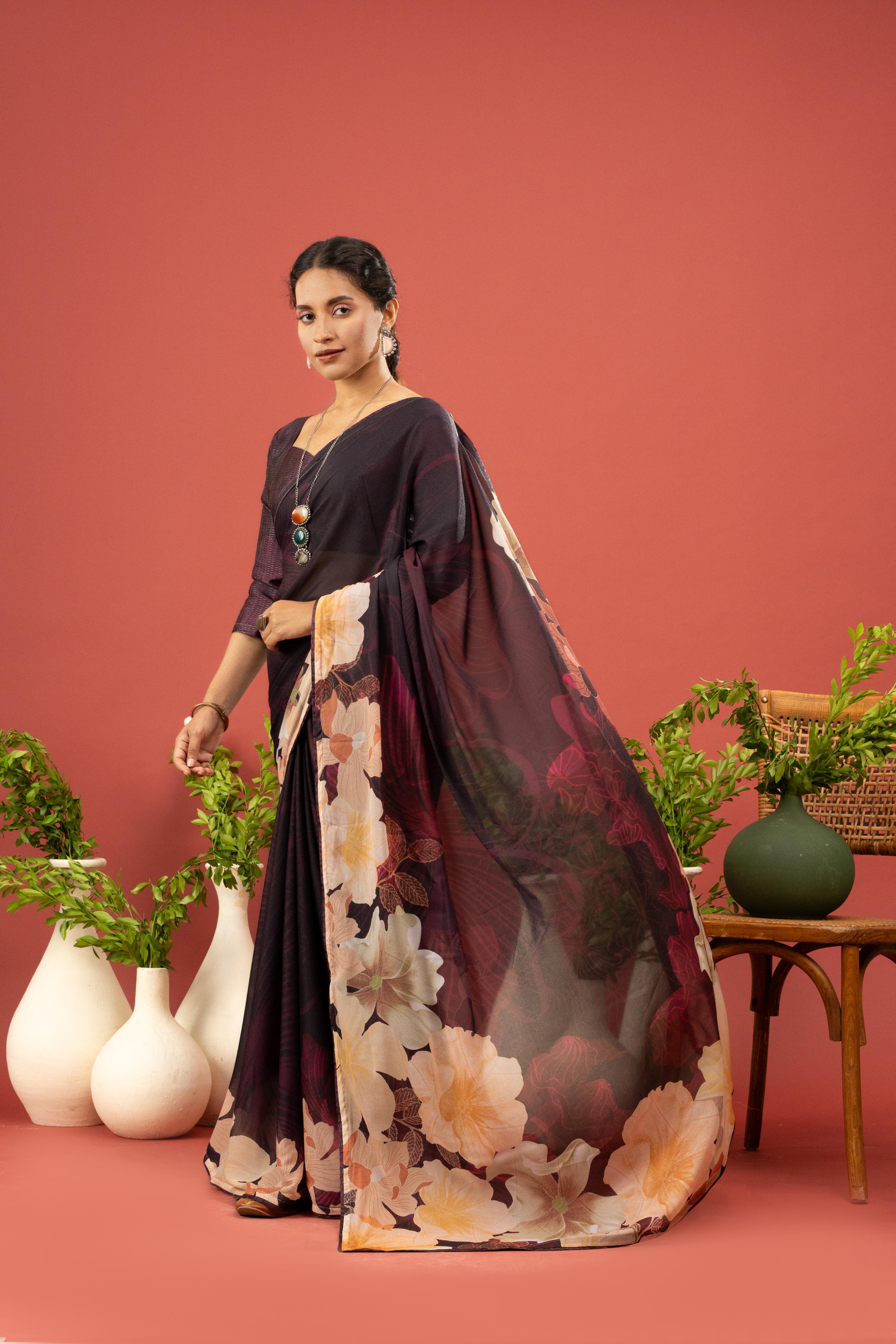 Wine Georgette Saree with Digital Print