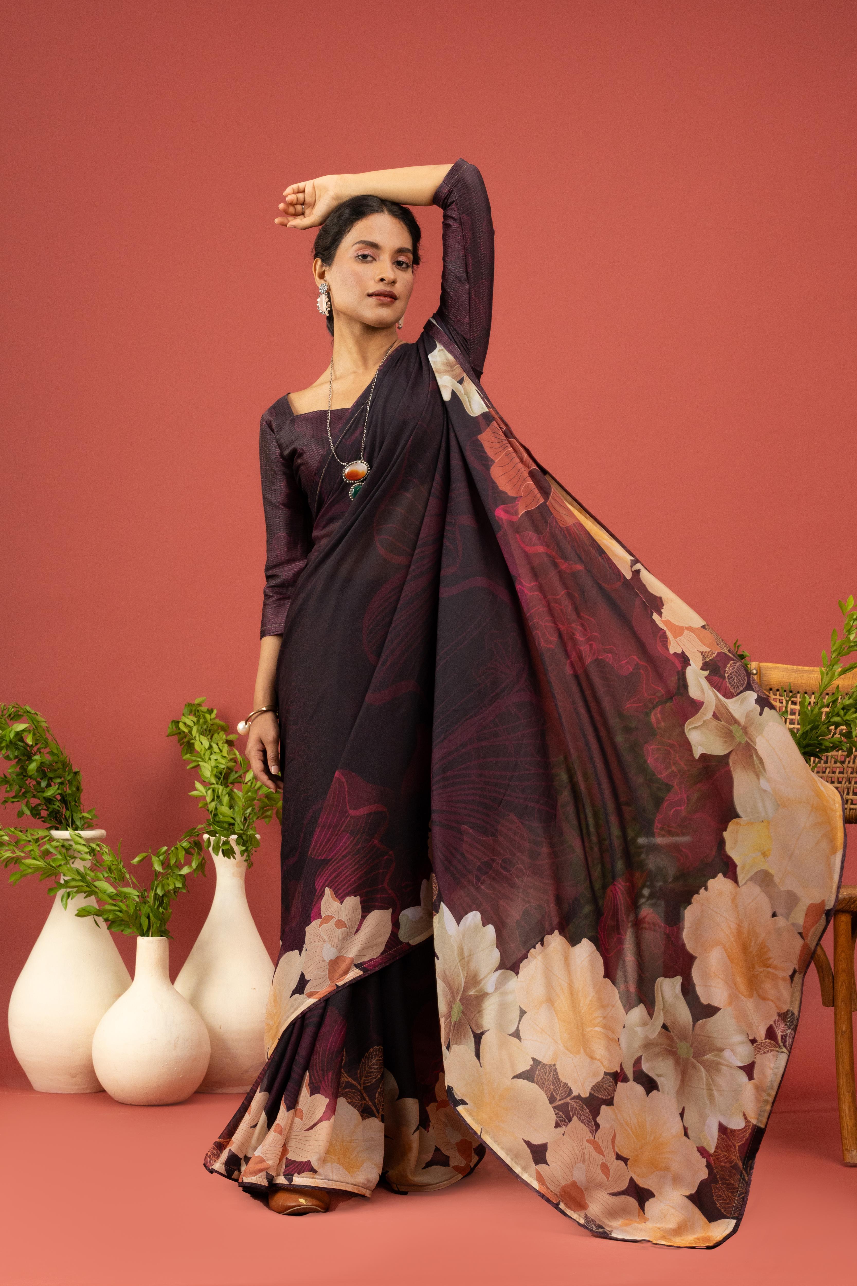Wine Georgette Saree with Digital Print
