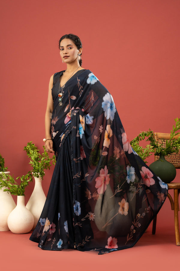 Navy Blue Saree with Georgette Print sedoracouture