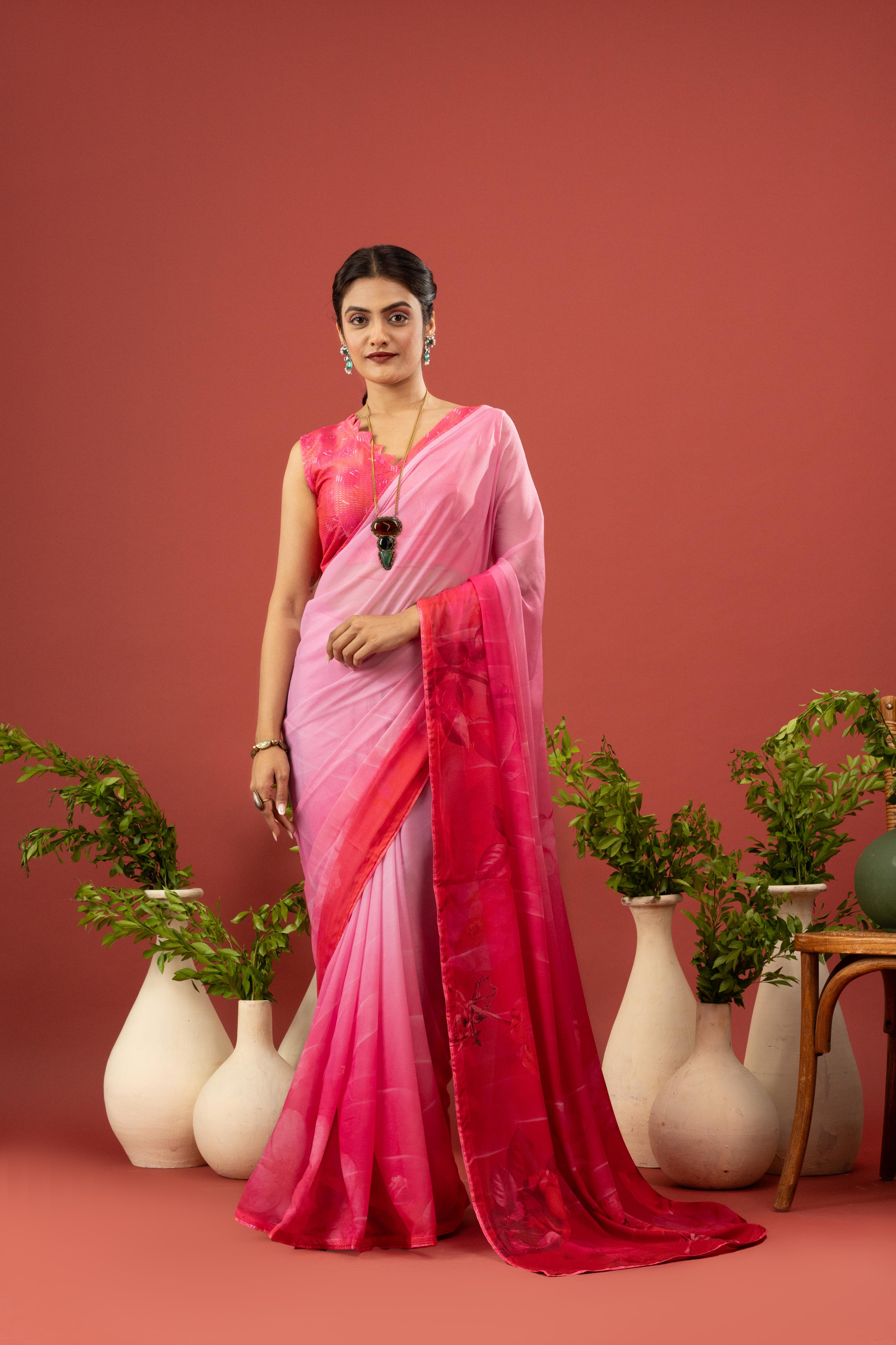 Charming Pink Sparkle Georgette Saree