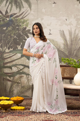 Designer White Saree Hand Stitch Work