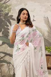 Designer White Saree Hand Stitch Work