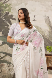 Designer White Saree Hand Stitch Work