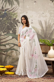 Designer White Saree Hand Stitch Work