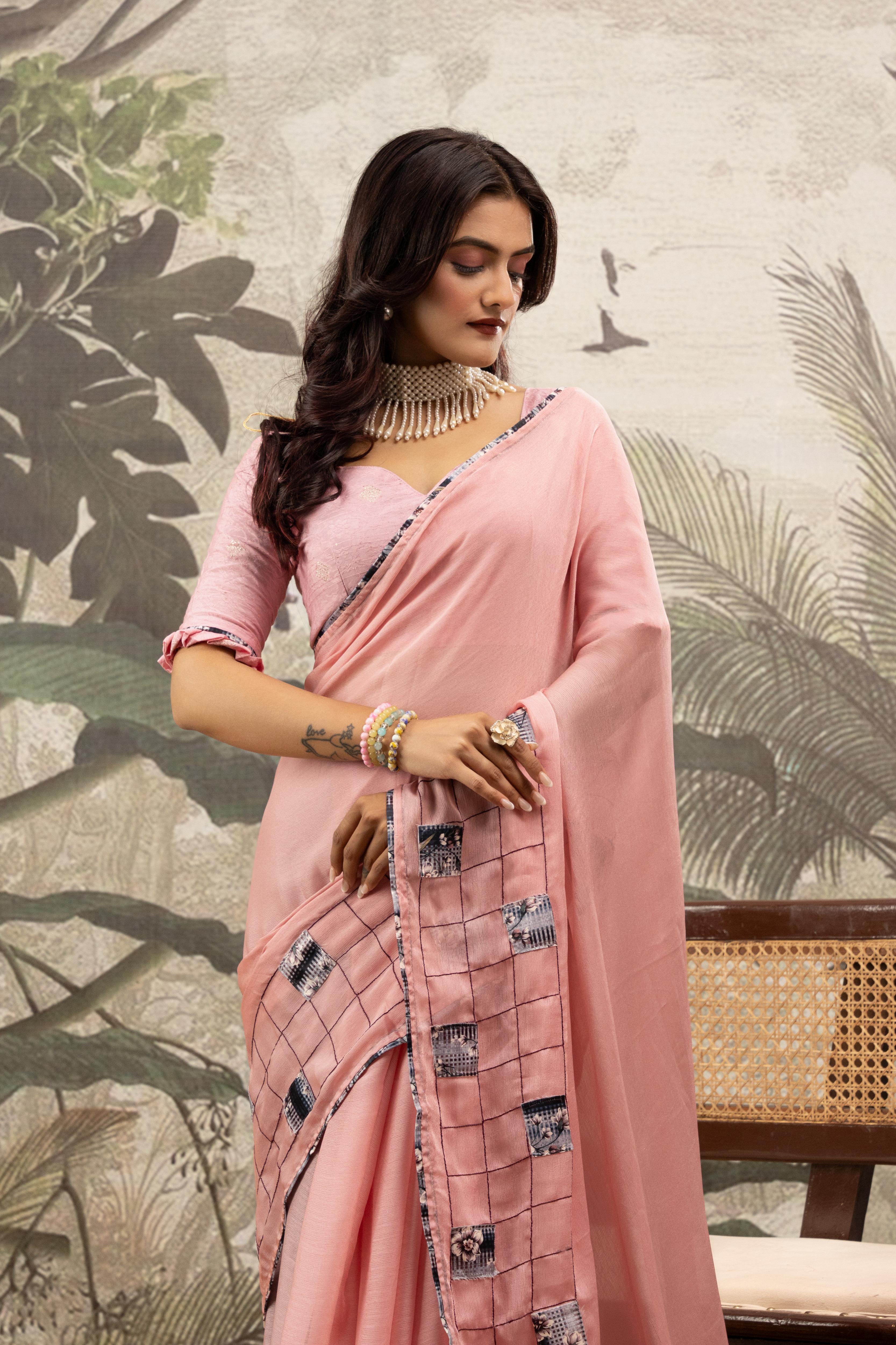 Pink Saree On Marble With Digital Patch Work