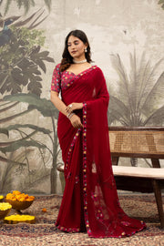 Elegant Maroon Saree with Diamond & Digital Border