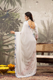 White Designer Saree With Printed Border