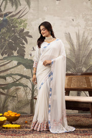 White Designer Saree With Printed Border