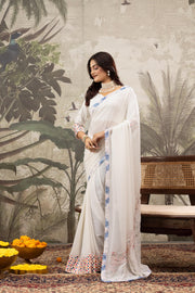 White Designer Saree With Printed Border
