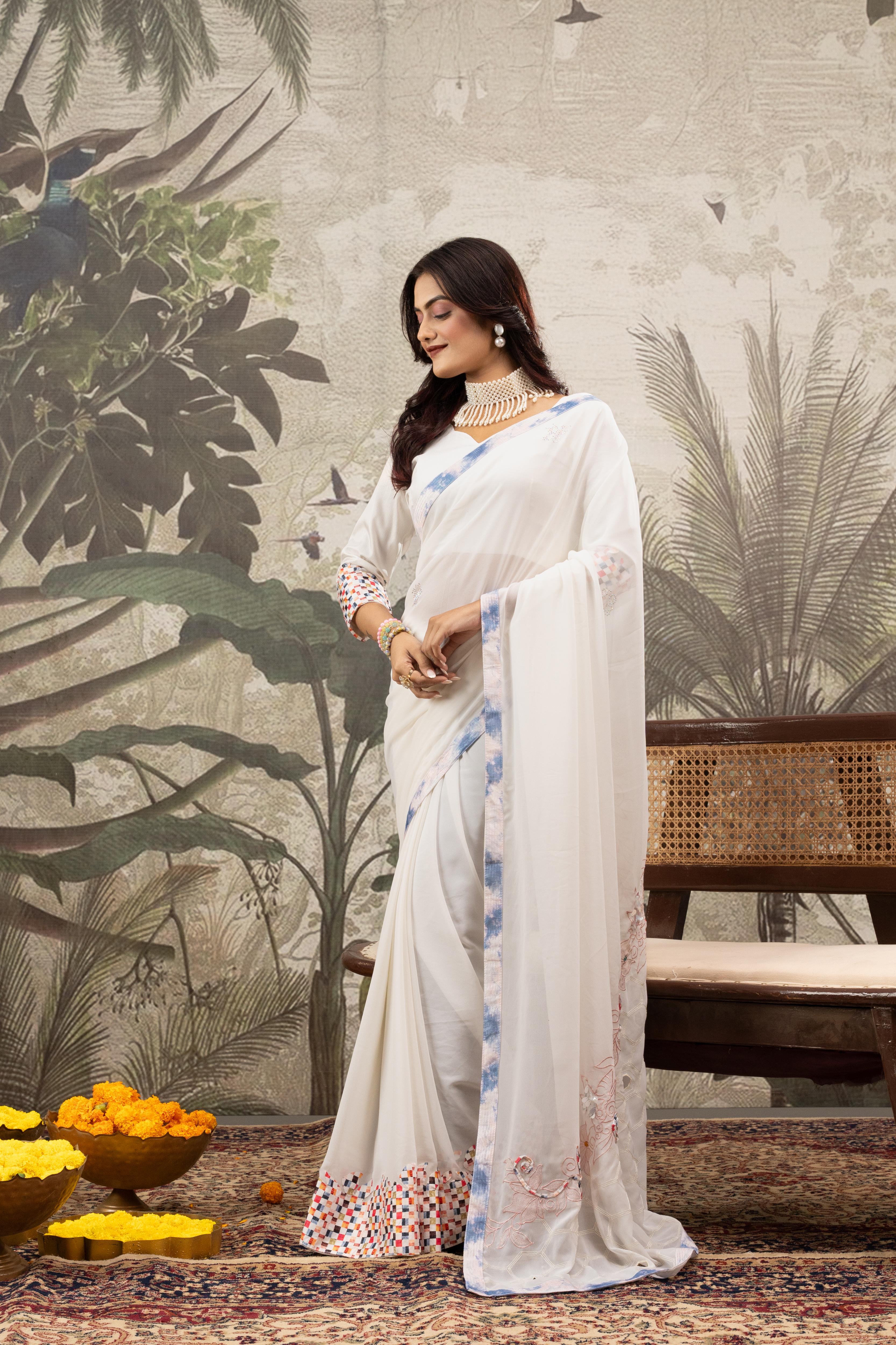 White Designer Saree With Printed Border