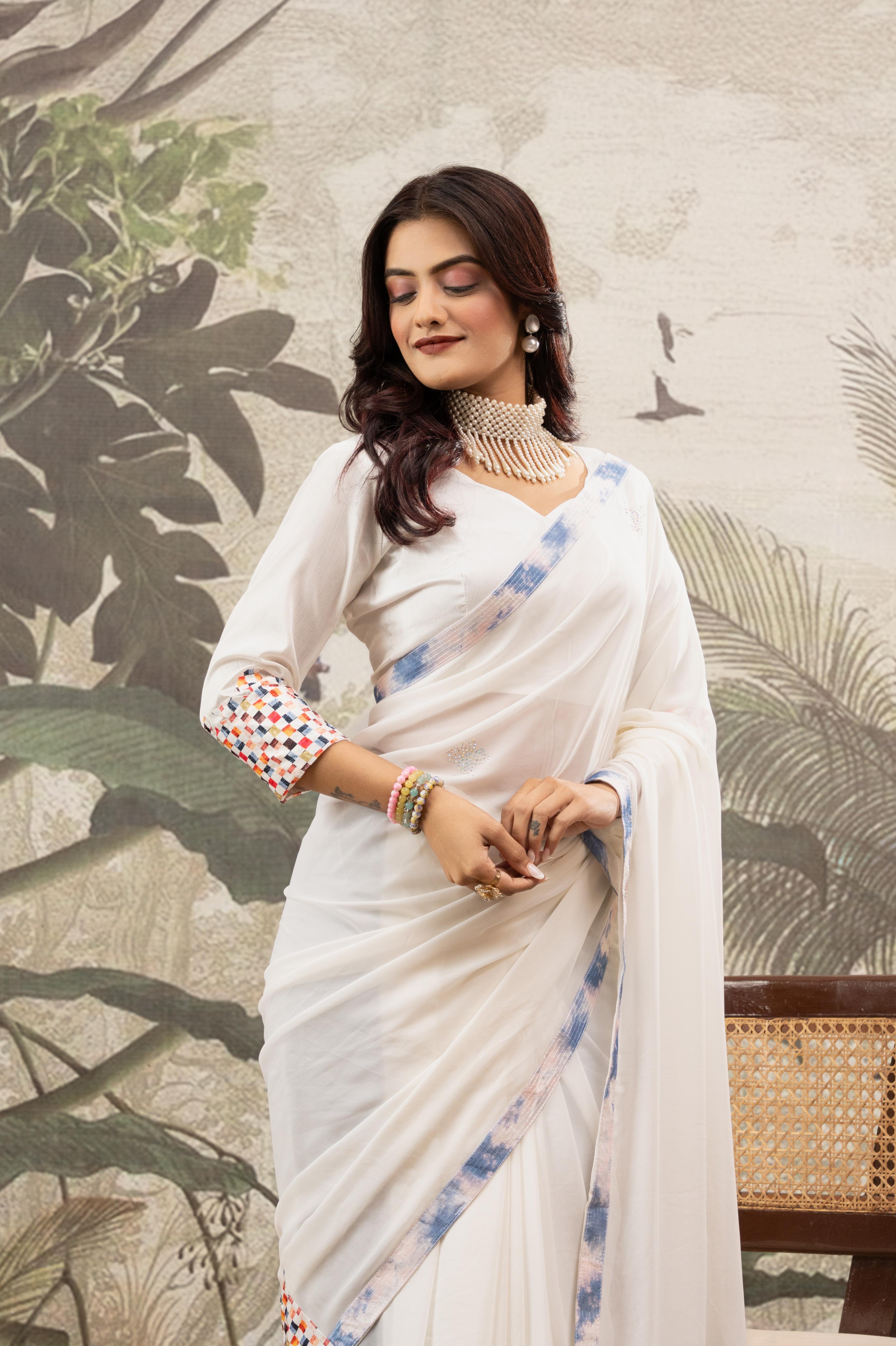 White Designer Saree With Printed Border
