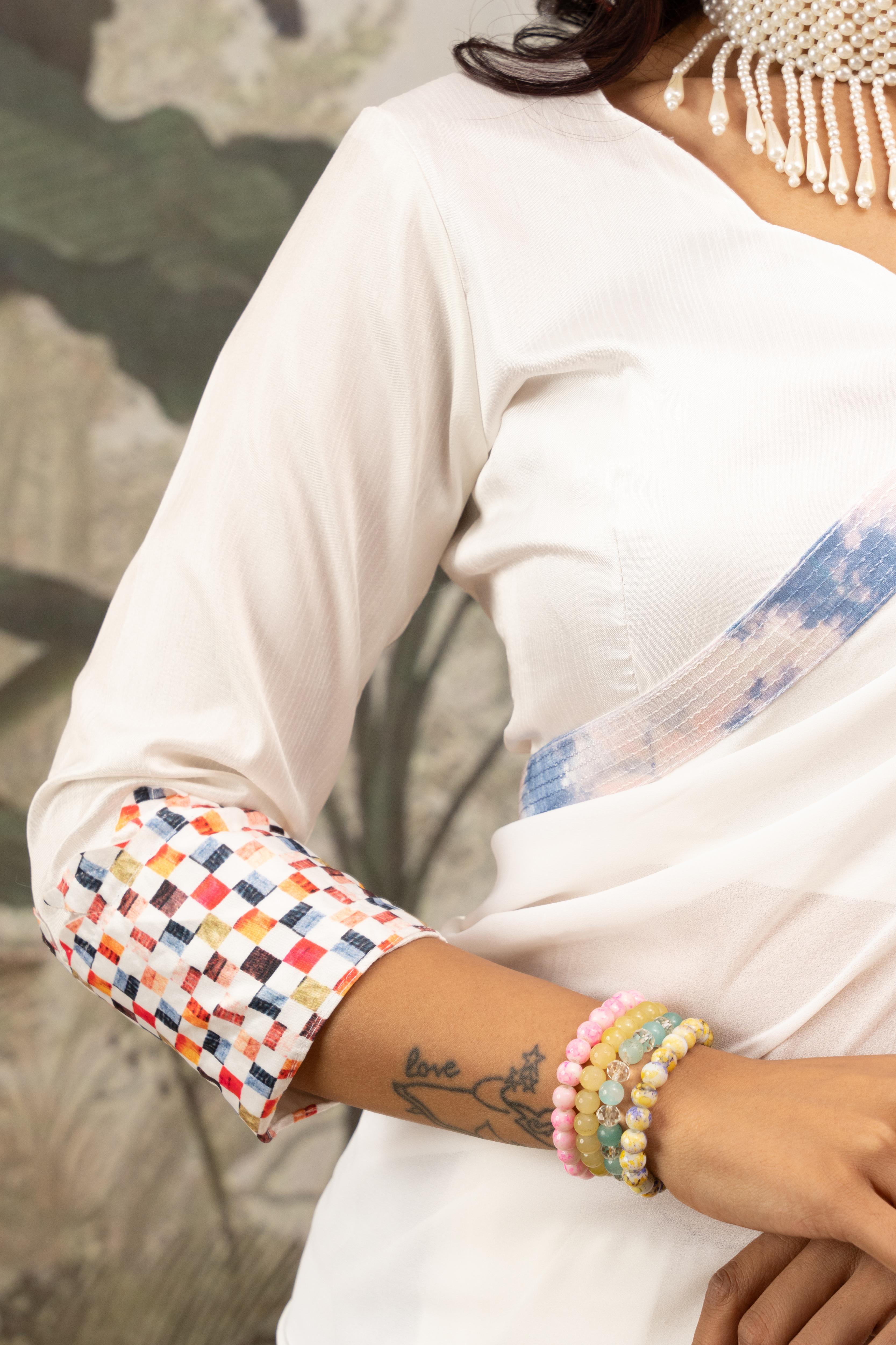 White Designer Saree With Printed Border