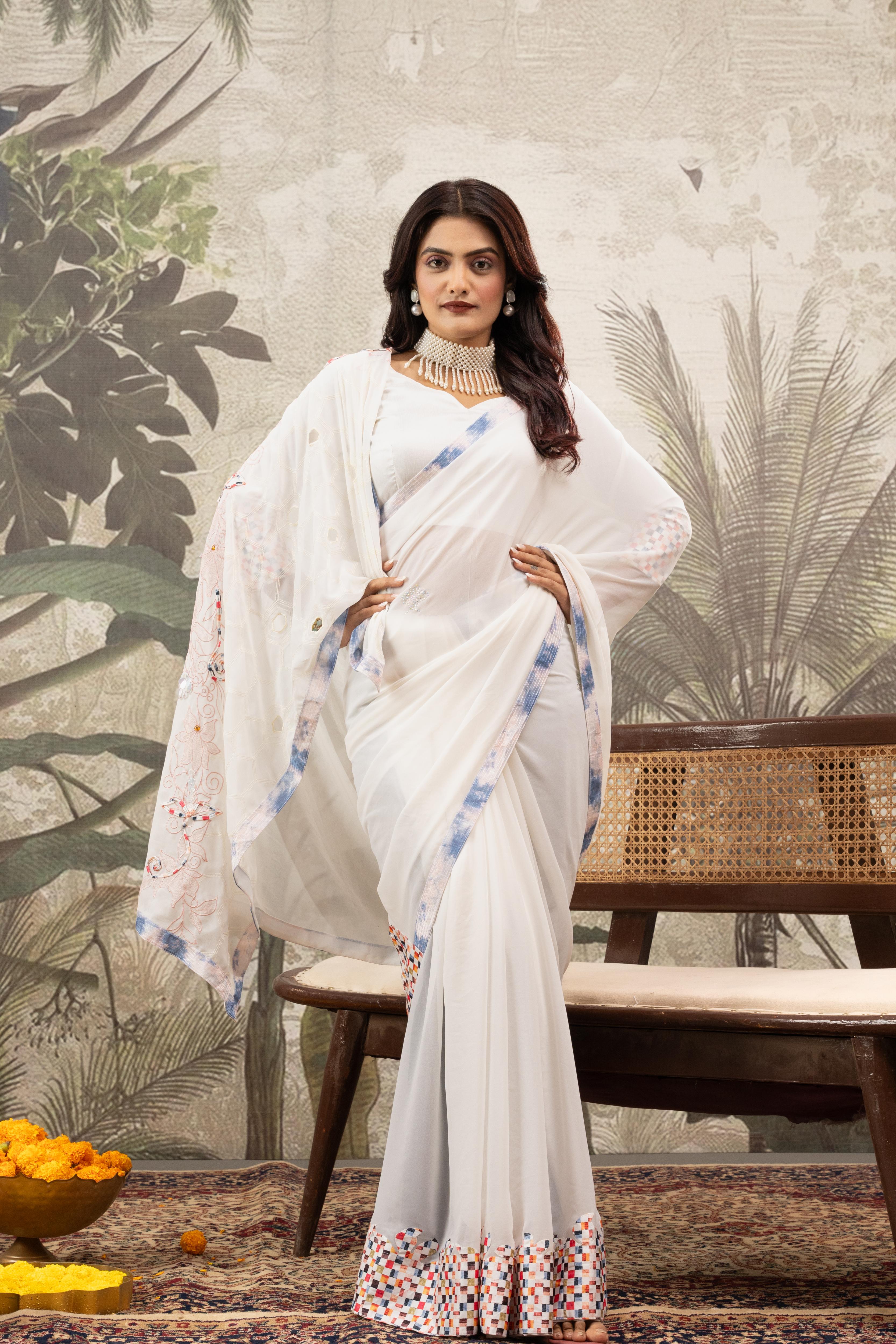 White Designer Saree With Printed Border