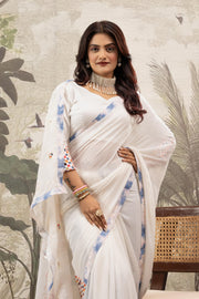 White Designer Saree With Printed Border