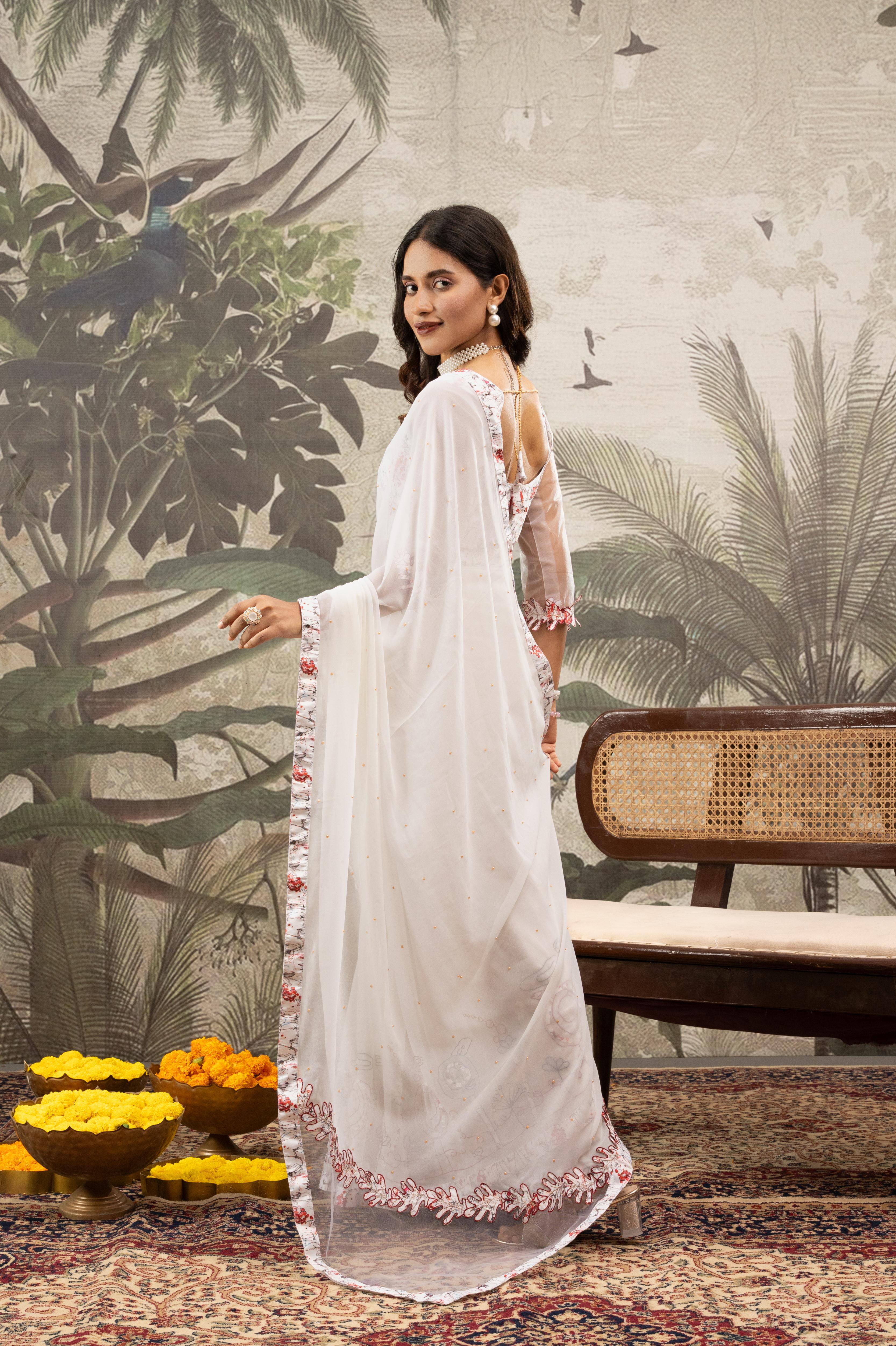 Georgette Silk White Saree With Golden Cut Stone