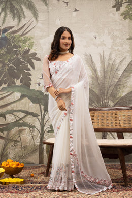 Georgette Silk White Saree With Golden Cut Stone