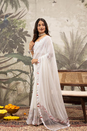Georgette Silk White Saree With Golden Cut Stone