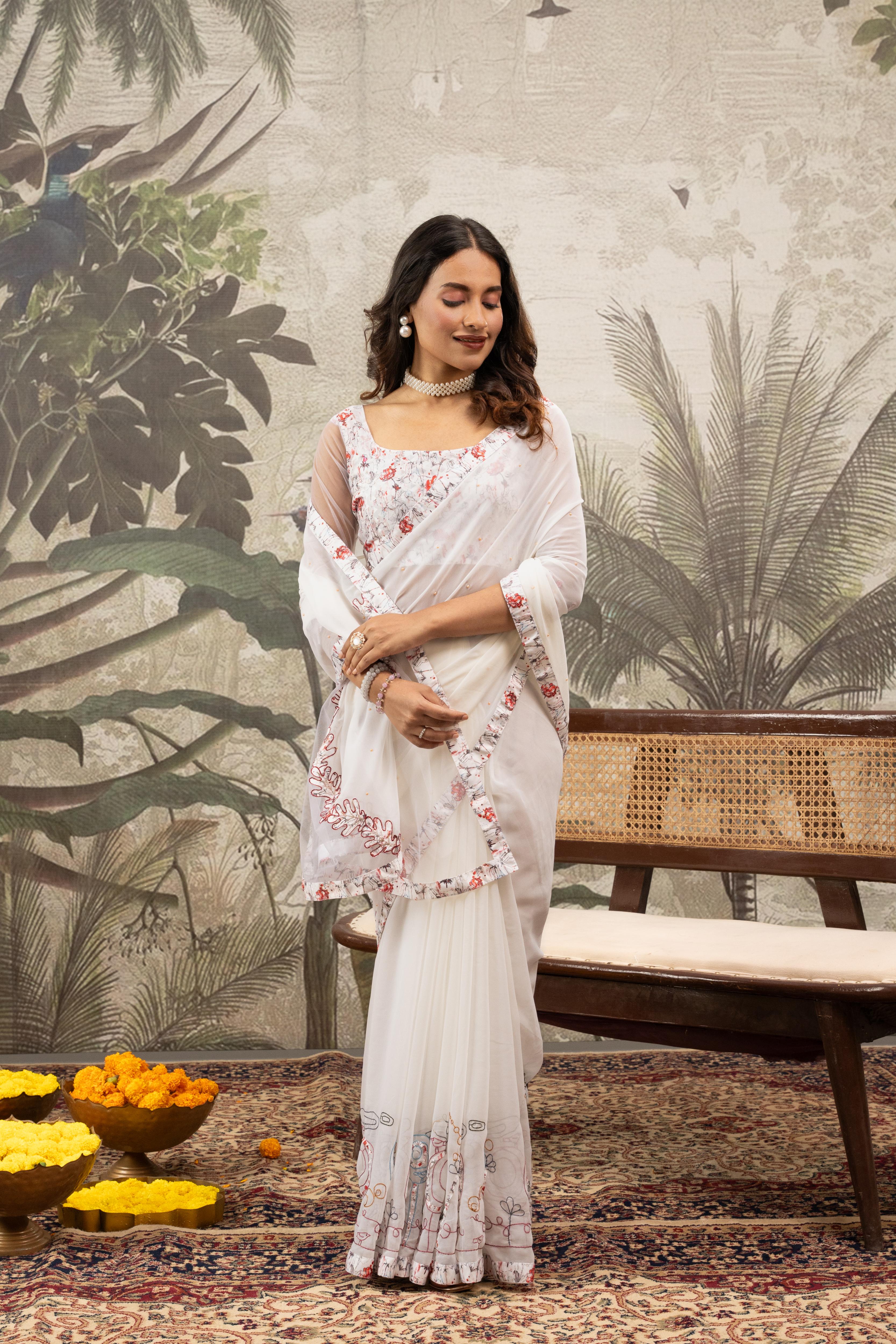 Georgette Silk White Saree With Golden Cut Stone