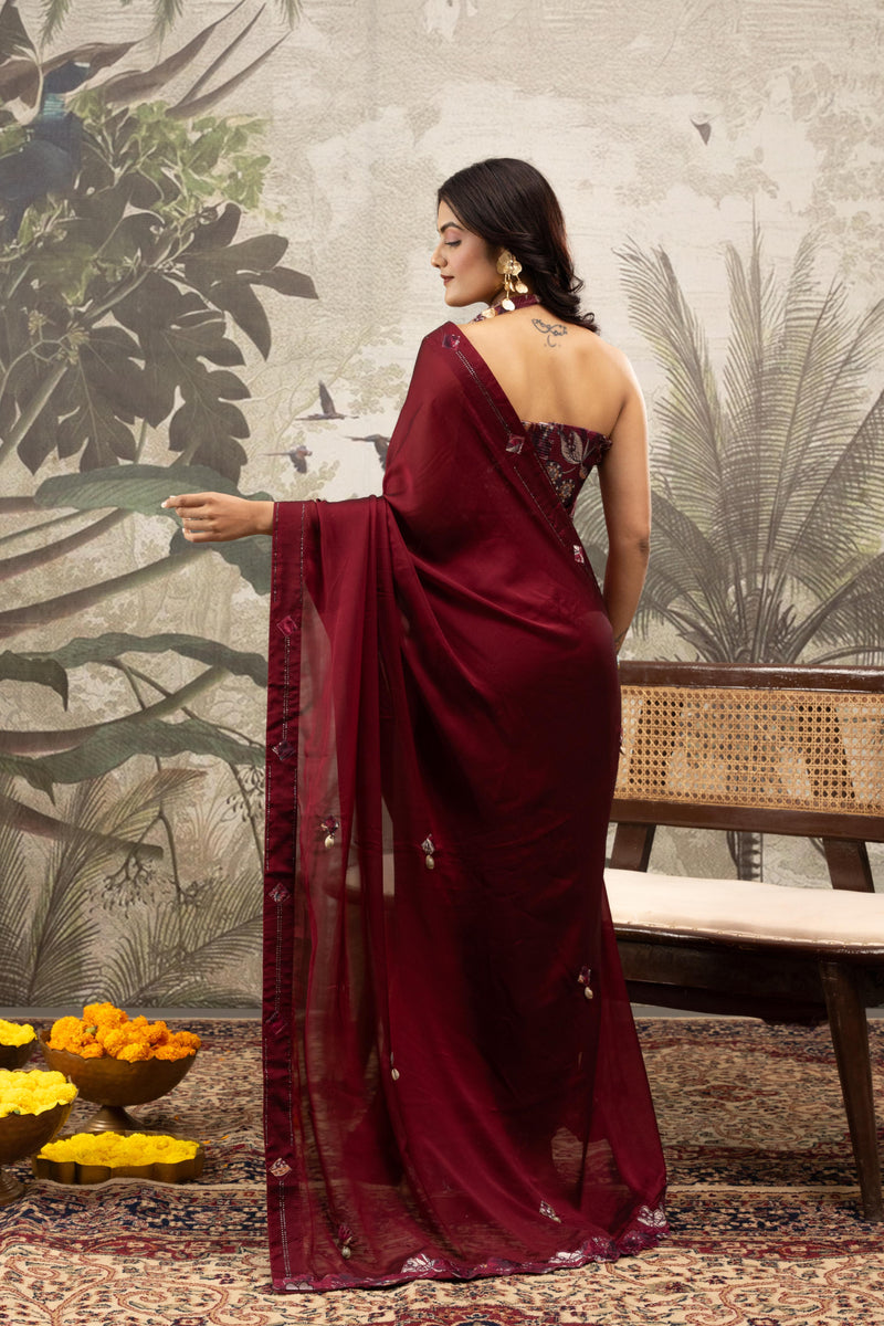 Red Georgette Silk Saree with Embroidery & Diamonds sedoracouture