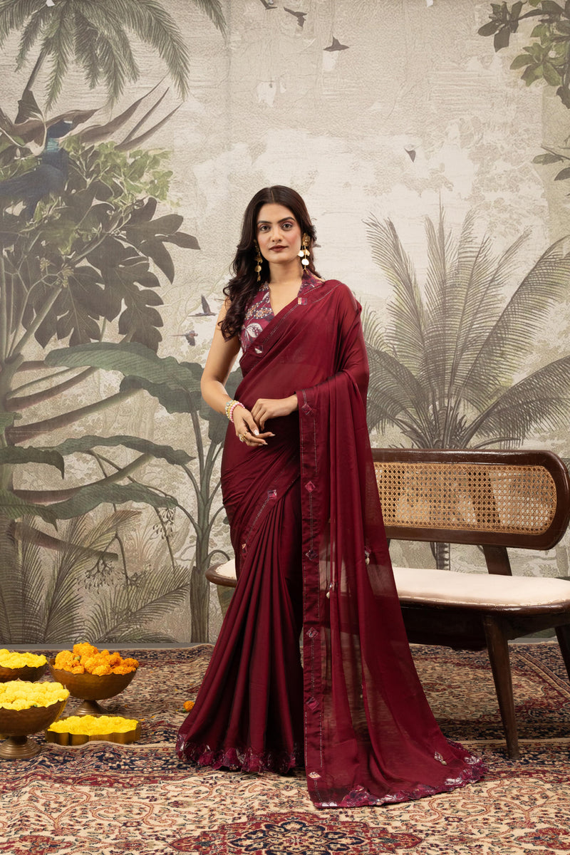 Red Georgette Silk Saree with Embroidery & Diamonds sedoracouture
