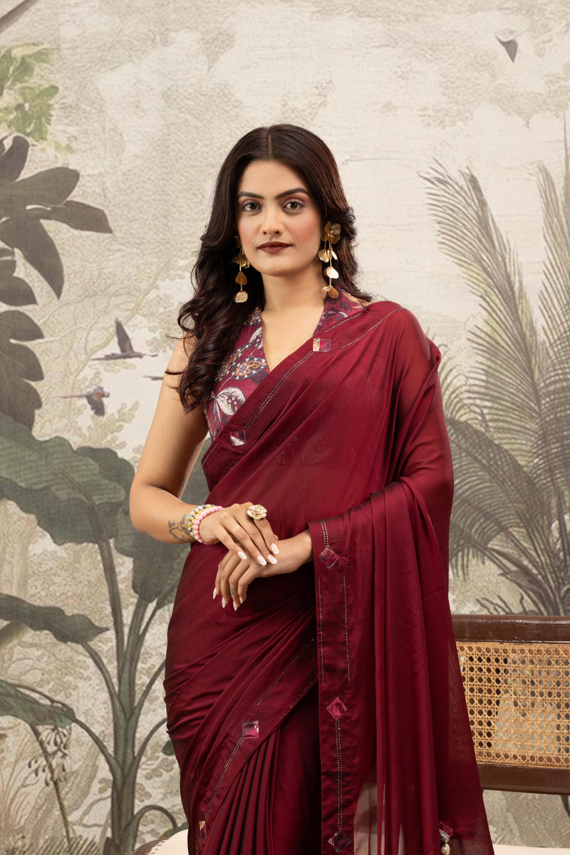Red Georgette Silk Saree with Embroidery & Diamonds sedoracouture