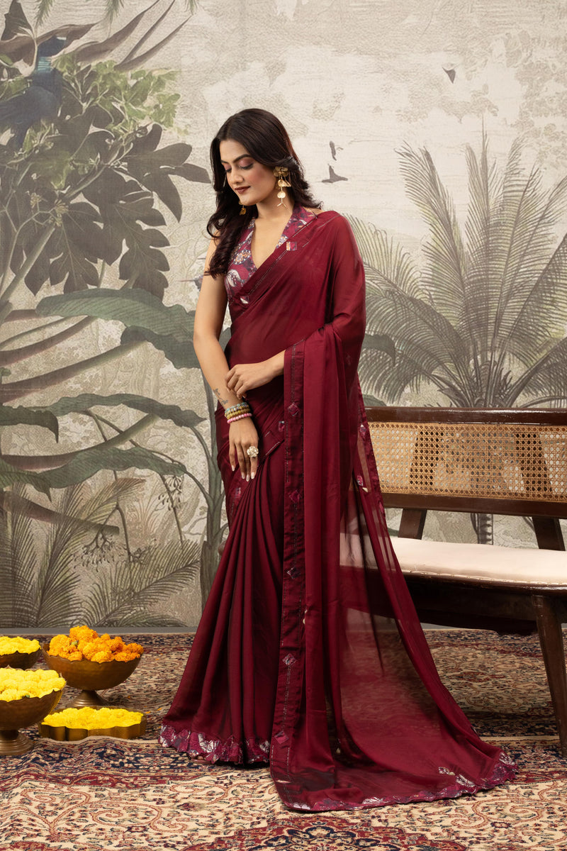 Red Georgette Silk Saree with Embroidery & Diamonds sedoracouture