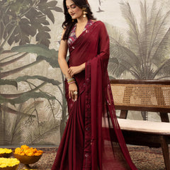 Red Georgette Silk Saree with Embroidery & Diamonds sedoracouture