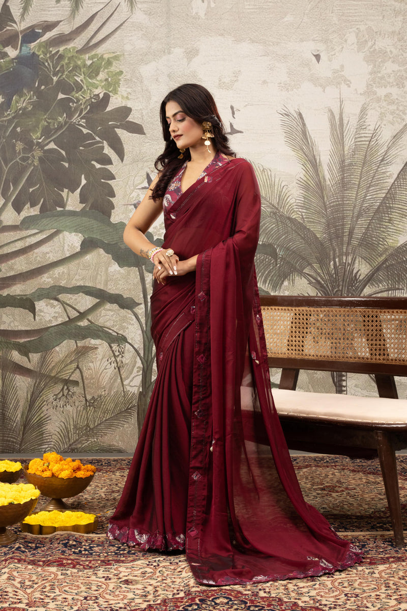 Red Georgette Silk Saree with Embroidery & Diamonds sedoracouture