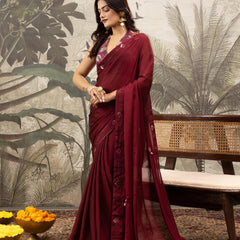 Red Georgette Silk Saree with Embroidery & Diamonds sedoracouture