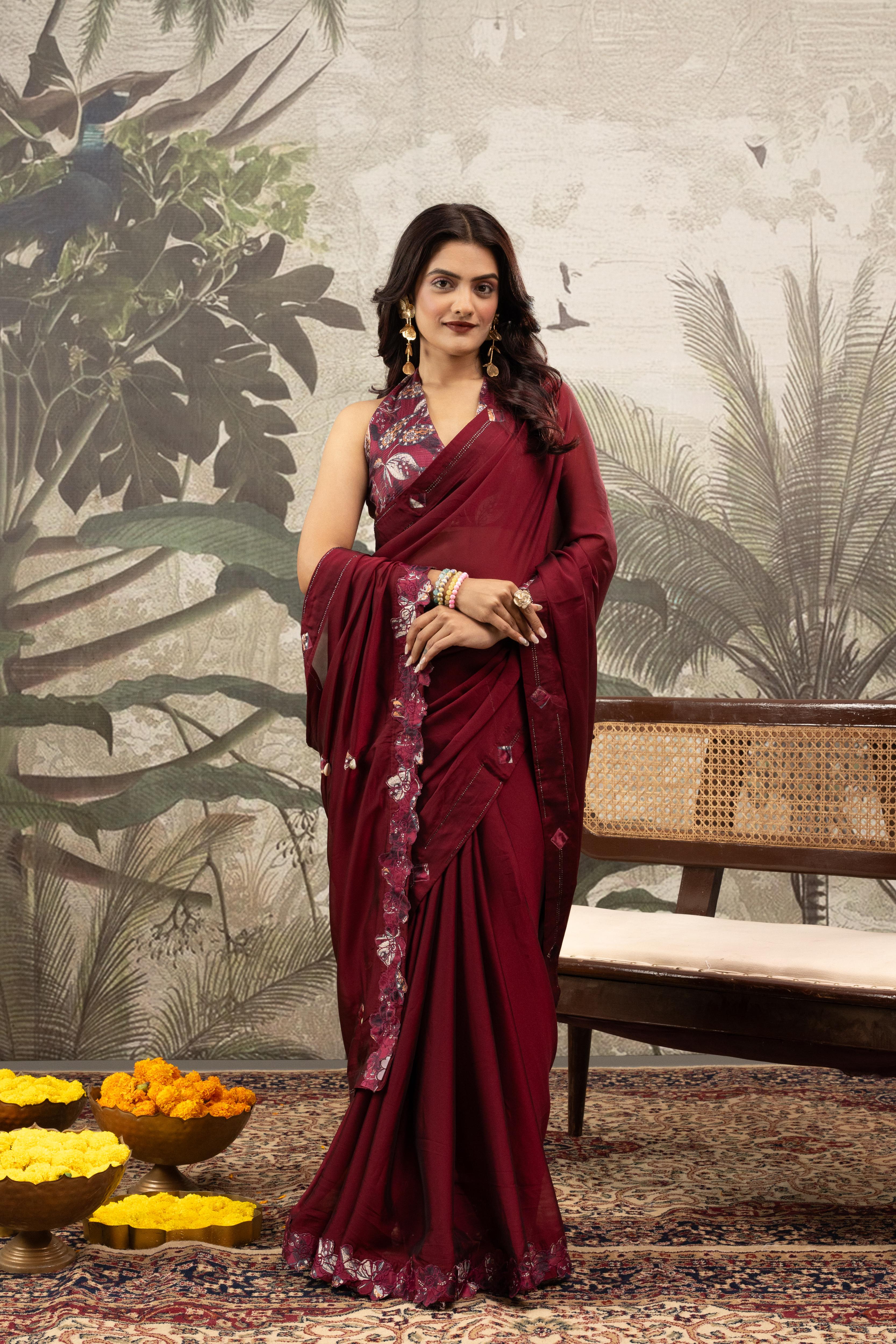 Red Georgette Silk Saree with Embroidery & Diamonds