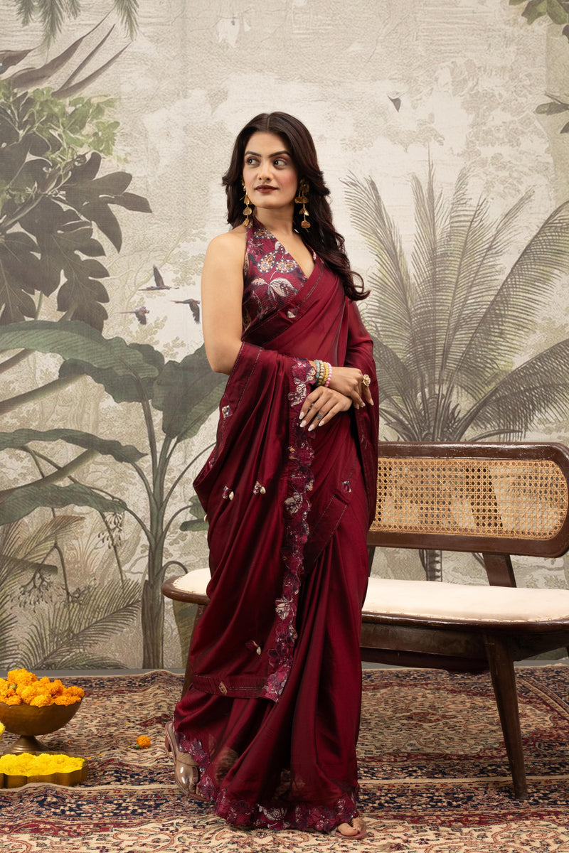 Red Georgette Silk Saree with Embroidery & Diamonds sedoracouture