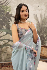 Blue Georgette Silk Saree With Digital Print