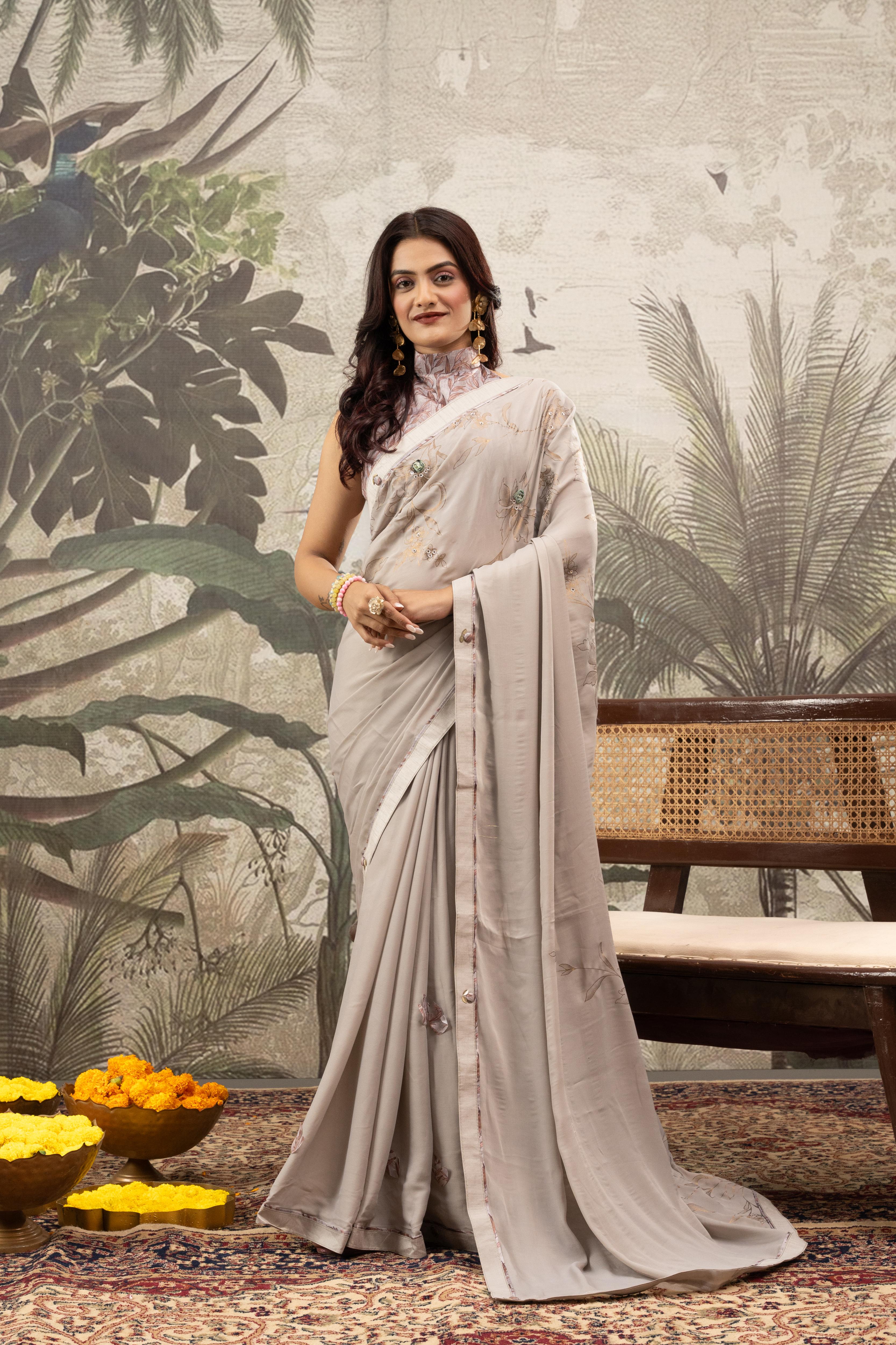 Grey Georgette Silk Saree with Patch & Diamonds