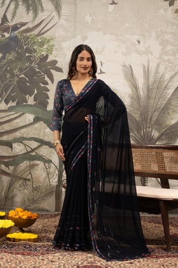 Glamorous Navy Blue Georgette Silk Saree with Diamond Accents