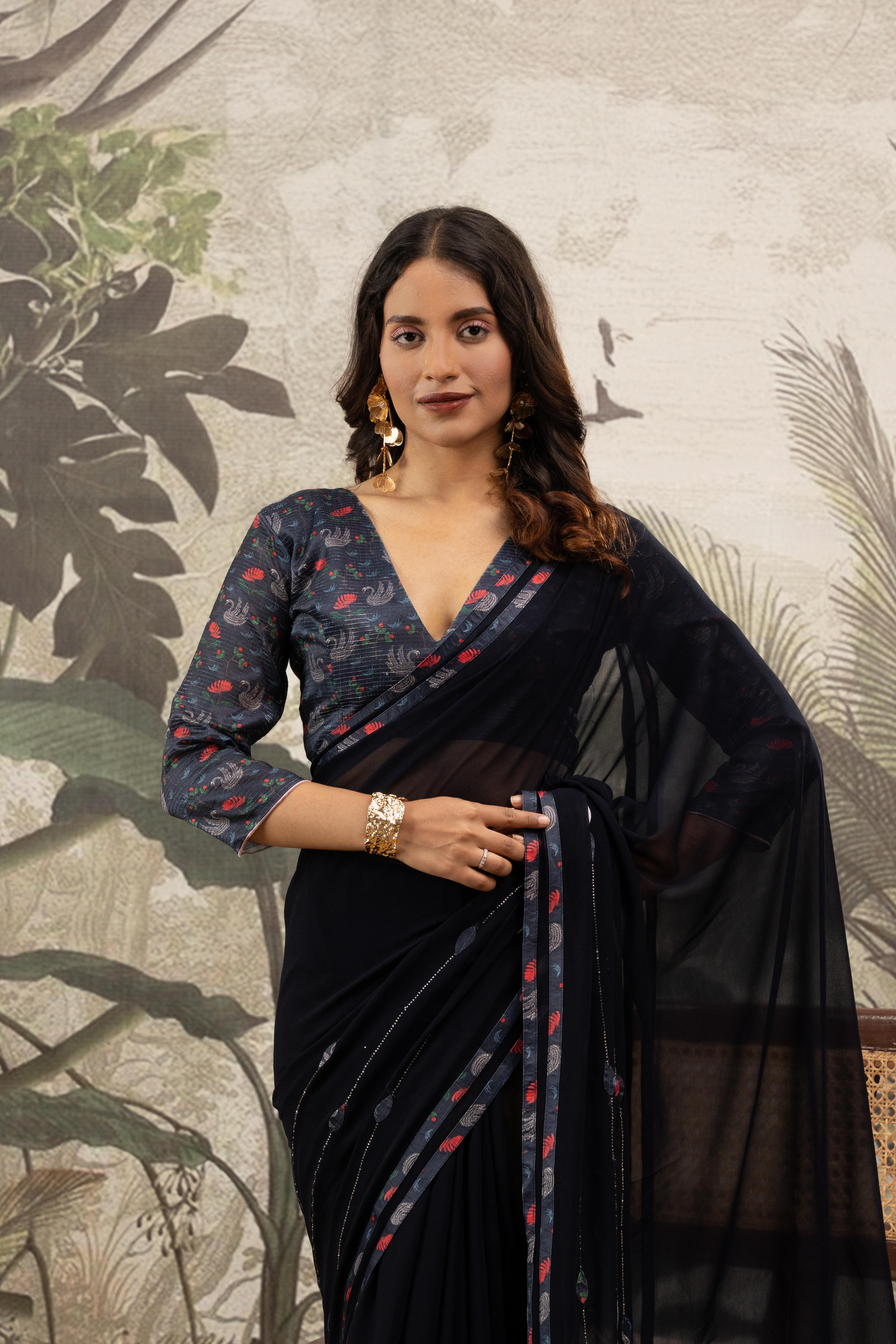 Glamorous Navy Blue Georgette Silk Saree with Diamond Accents