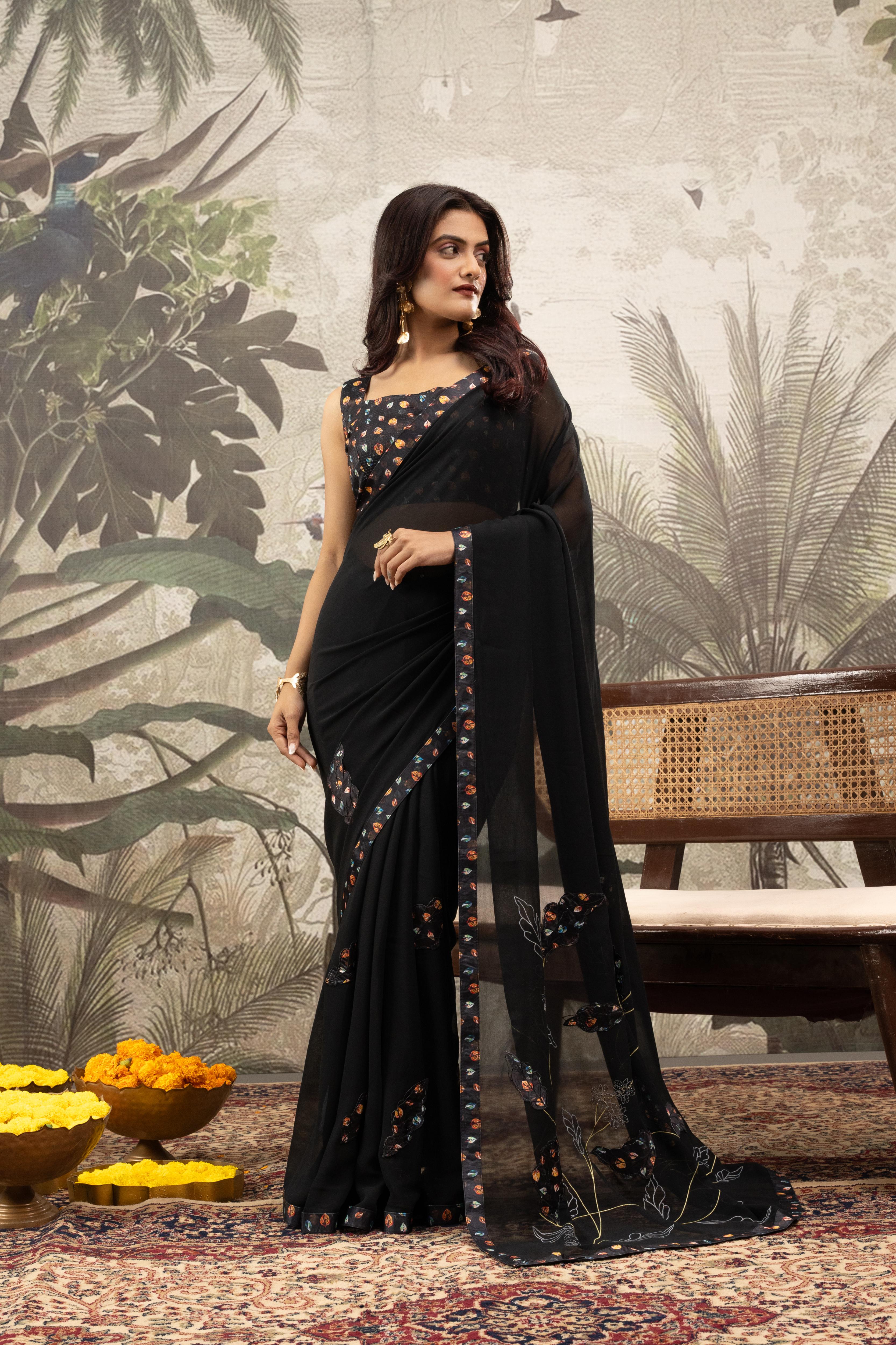 Black Designer Saree with Digital Patchwork & Diamonds