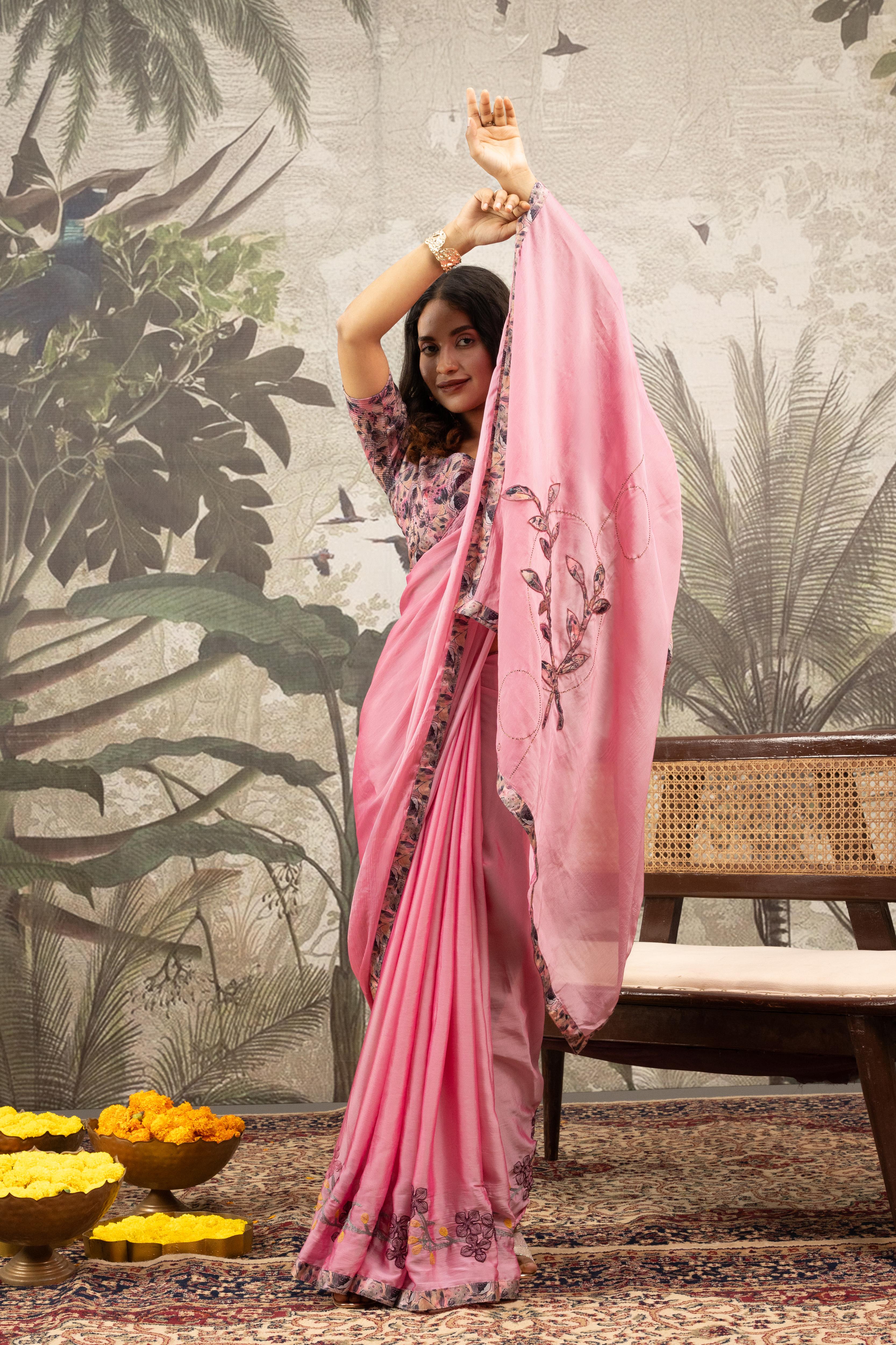 Pink Designer Saree with Digital Patchwork