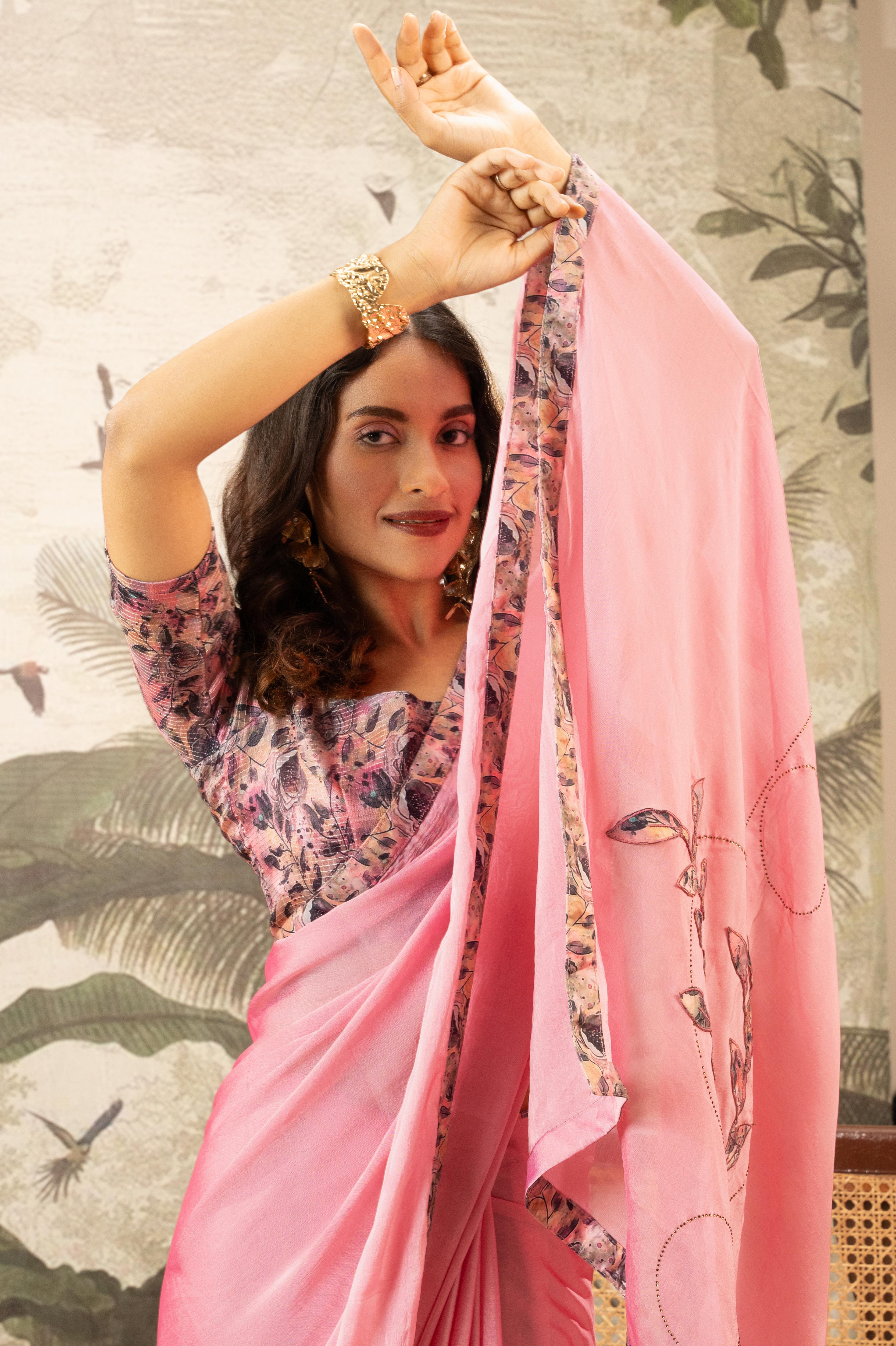 Pink Designer Saree with Digital Patchwork