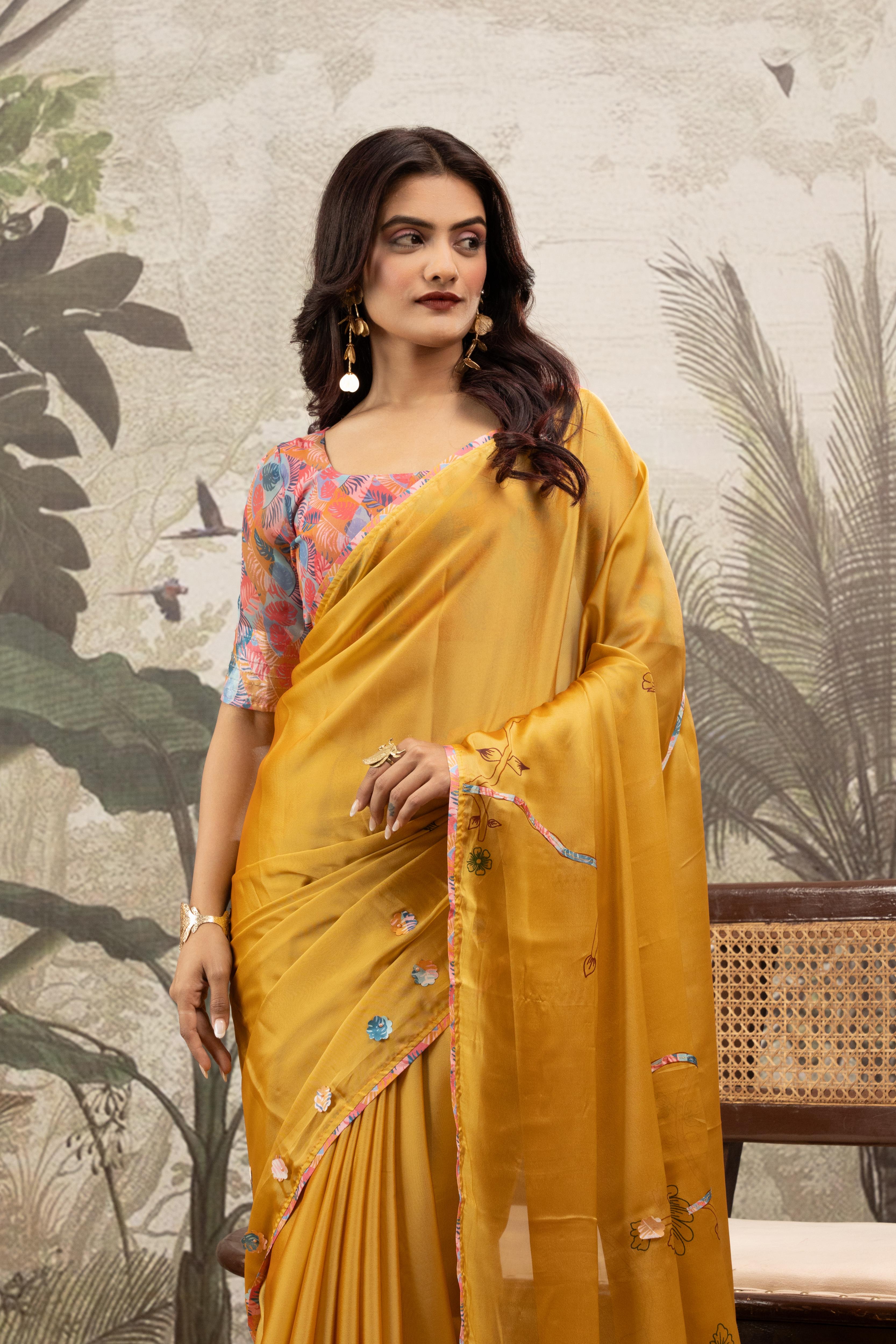 Elegant Yellow Georgette Silk Saree with Digital Border