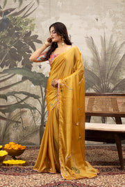 Elegant Yellow Georgette Silk Saree with Digital Border