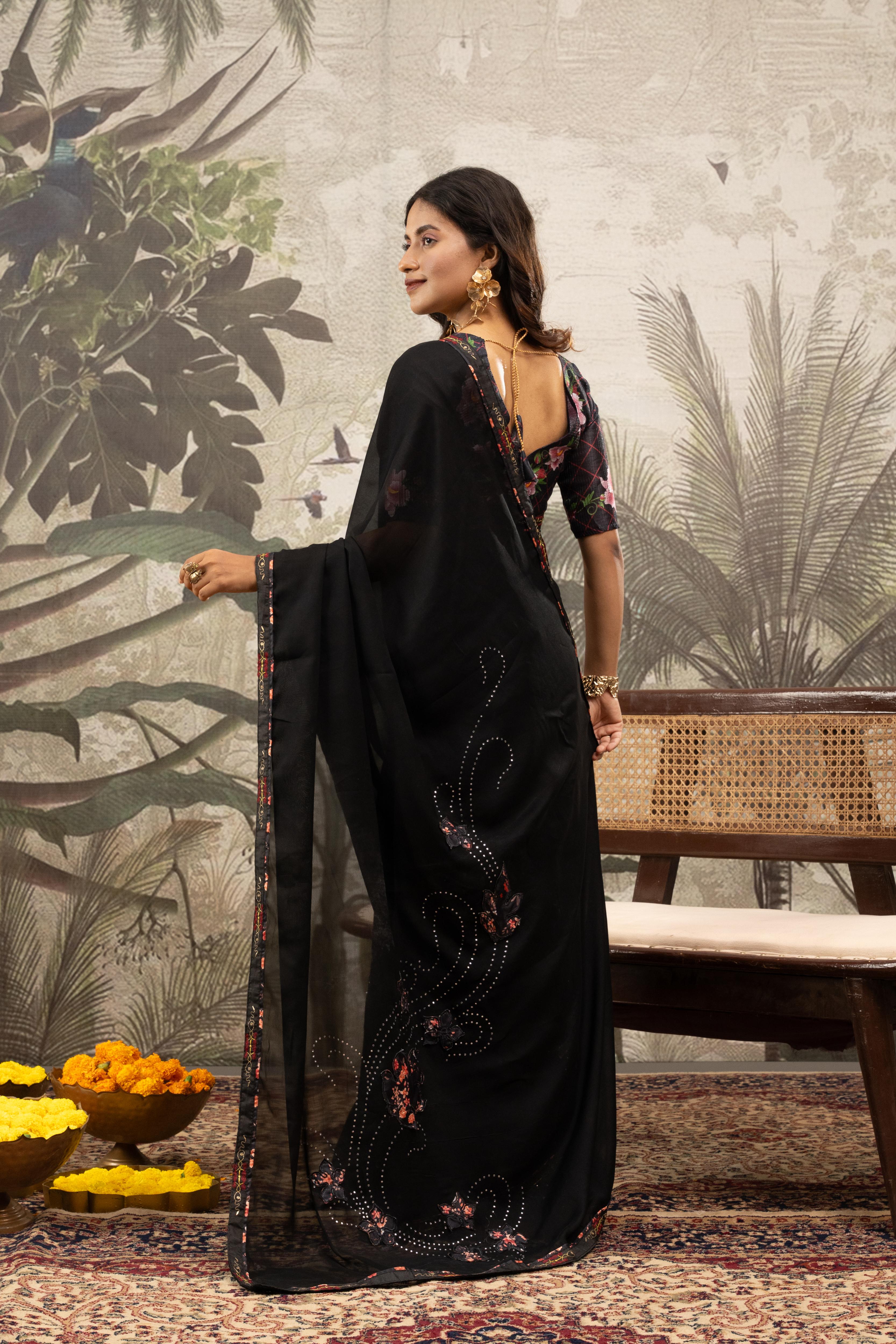 Chic Black Georgette Silk Saree with Diamond Work